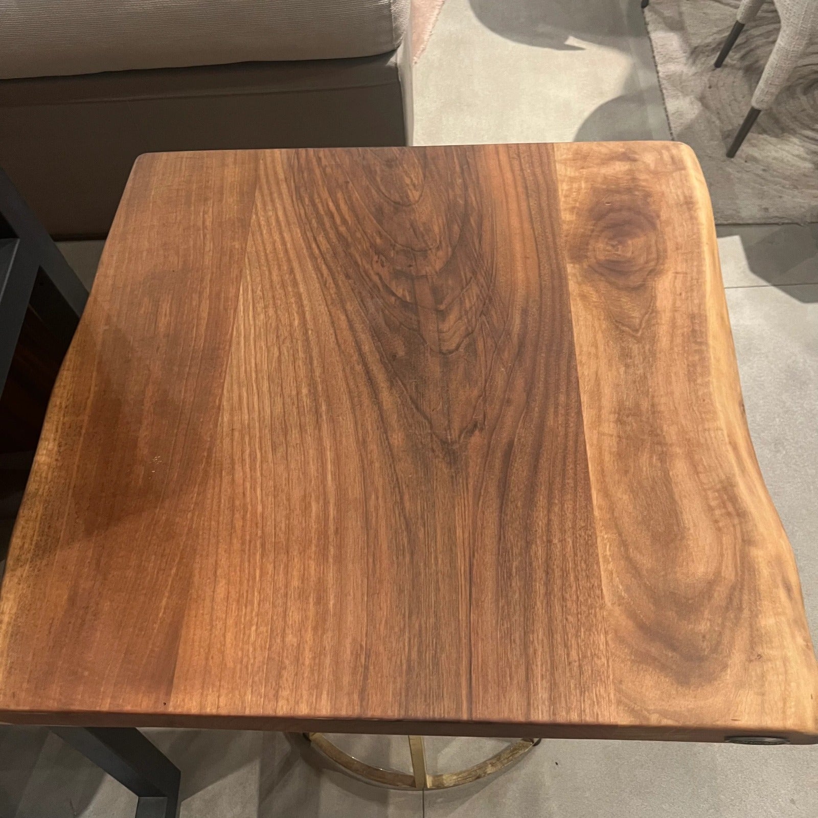 Live edge 70x70 cm dining table top by SANCREA, display item showing natural wood grain and rustic finish.