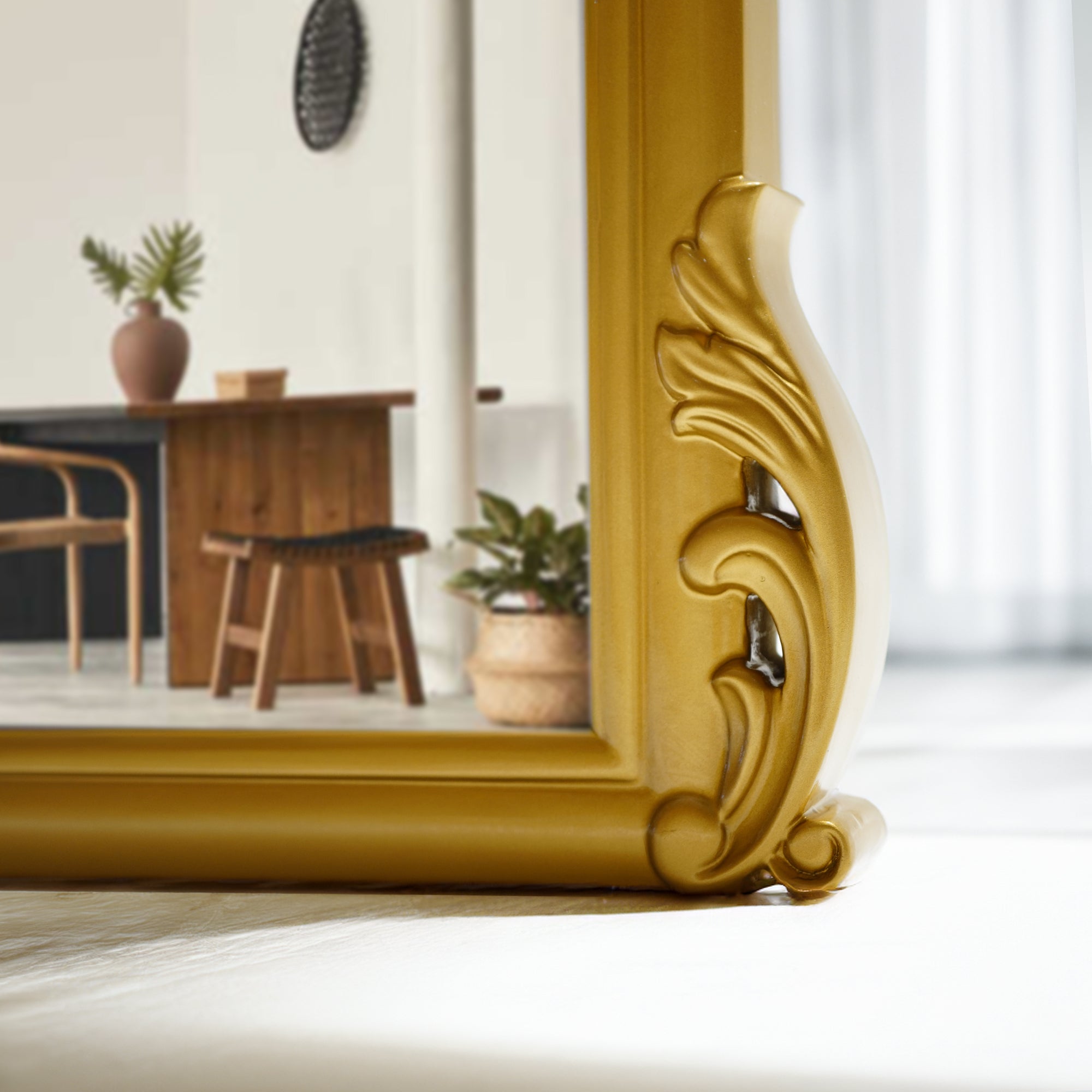 As Is decorative mirror with a sleek frame, designed for display, by BEACON, model OA-80114.