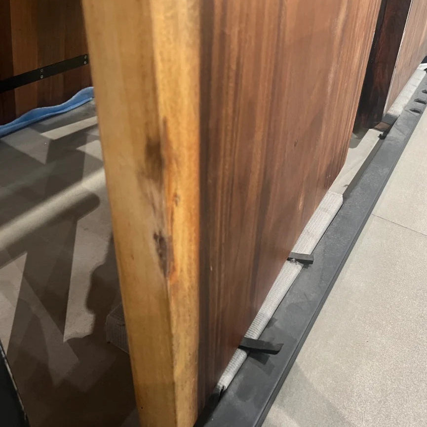 Live edge dining table by SANCREA, 230-inch length, showcasing natural wood grain and rustic style, displayed as a display item.