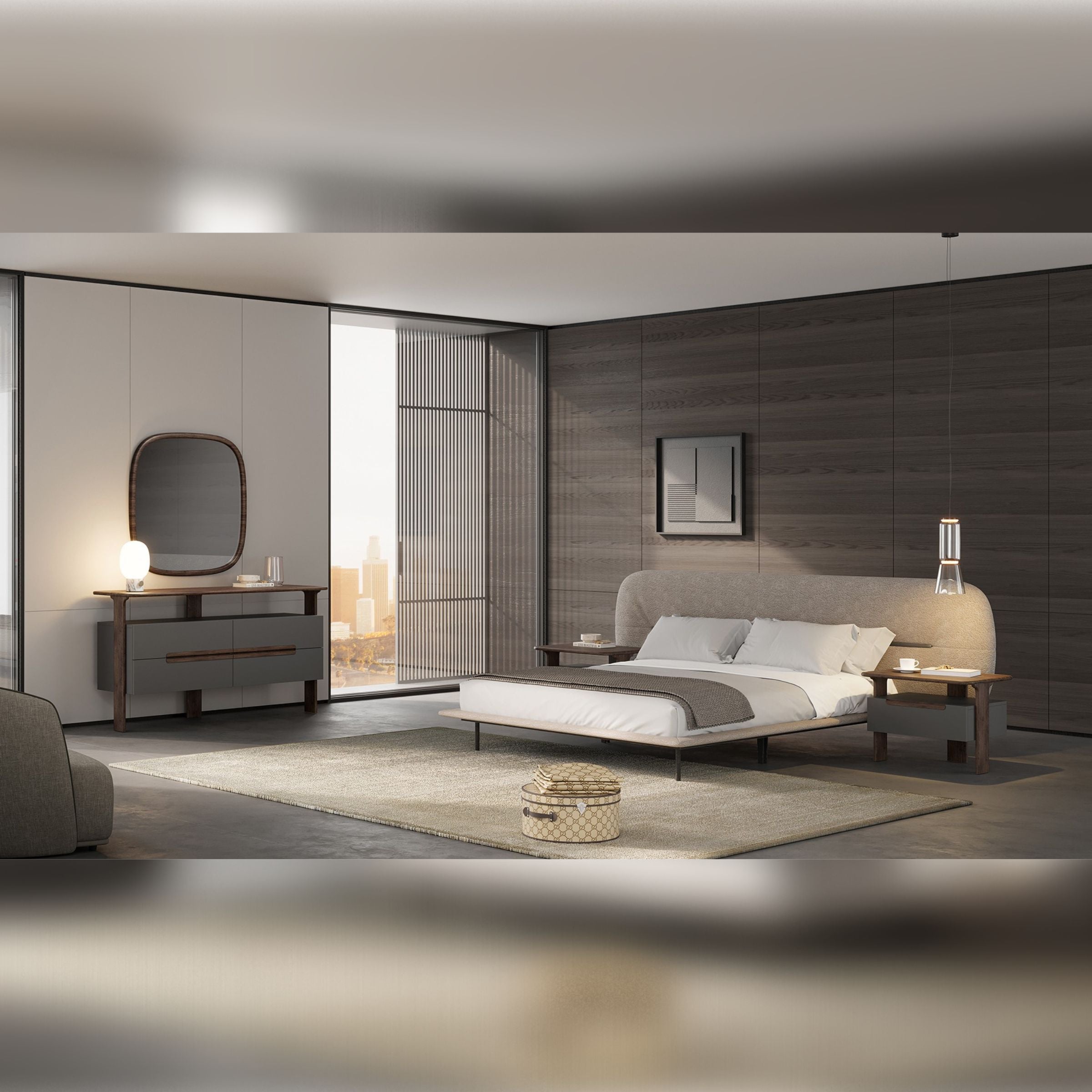 As-is YOL LIVING Lova dresser with matching mirror, displaying a modern wooden bedroom furniture set.