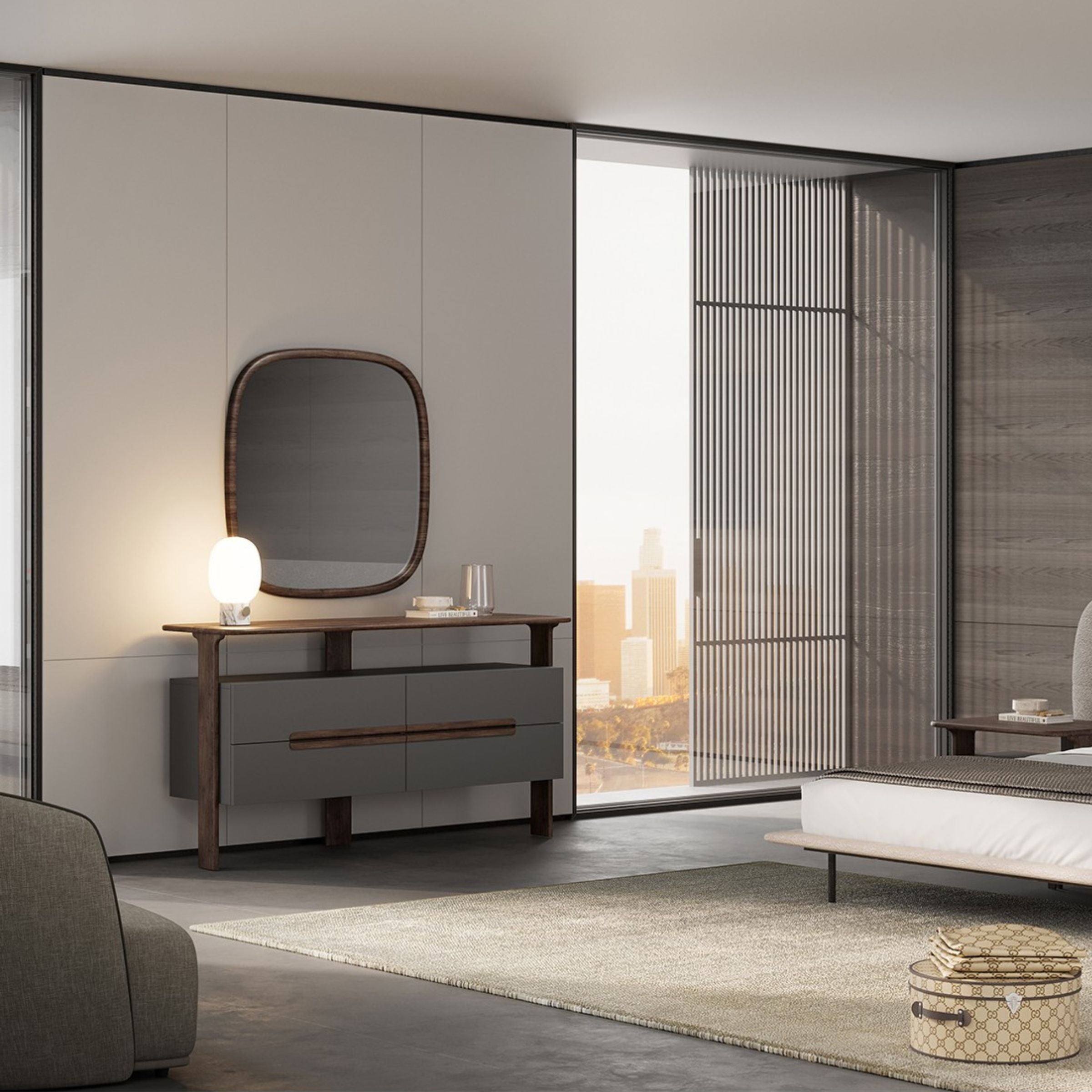 As-is YOL LIVING Lova dresser with mirror, wooden furniture display item showing drawer handles and mirror frame.