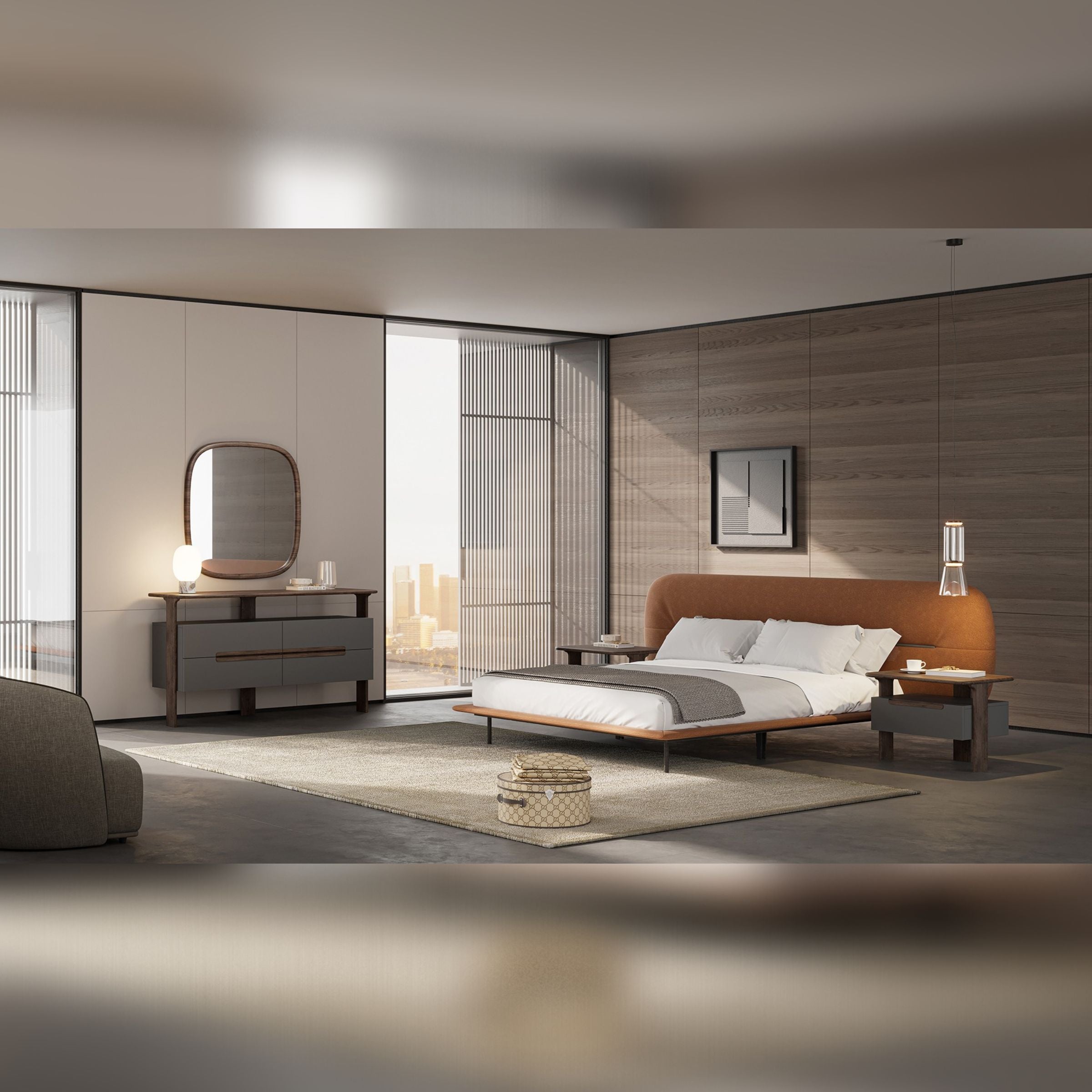 Display of the YOL LIVING Lova Dresser with mirror, showing its modern design and storage drawers in a neutral finish.