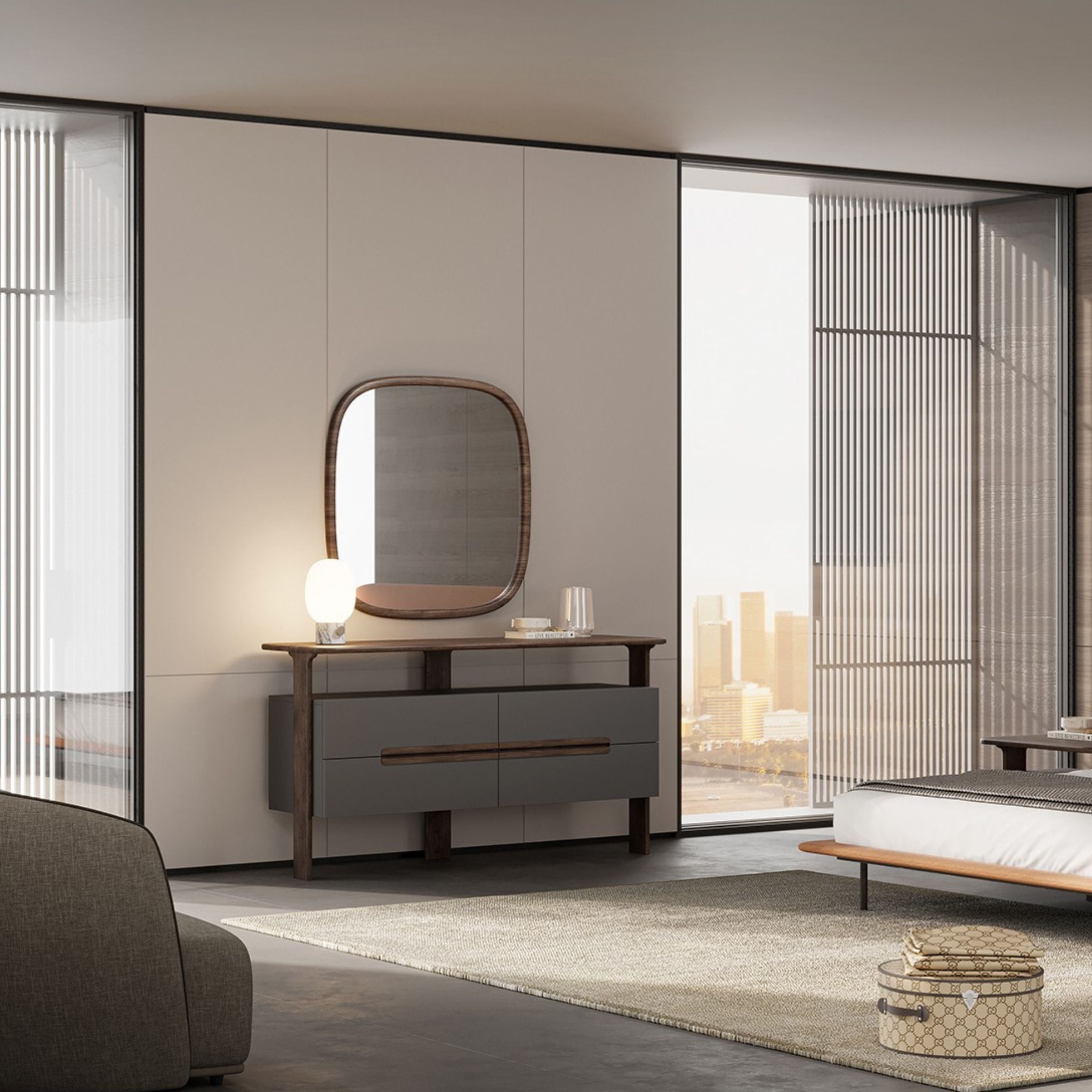 Display image of the YOL LIVING Lova Dresser with Mirror, showcasing its modern design and natural wood finish.
