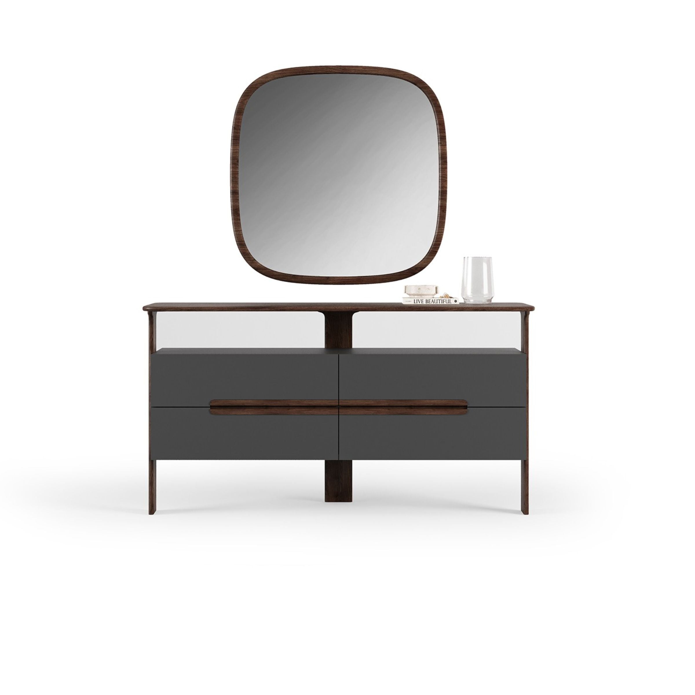 Display image of the YOL LIVING Lova Dresser and Mirror in as-is condition, showcasing the wooden dresser and matching mirror.