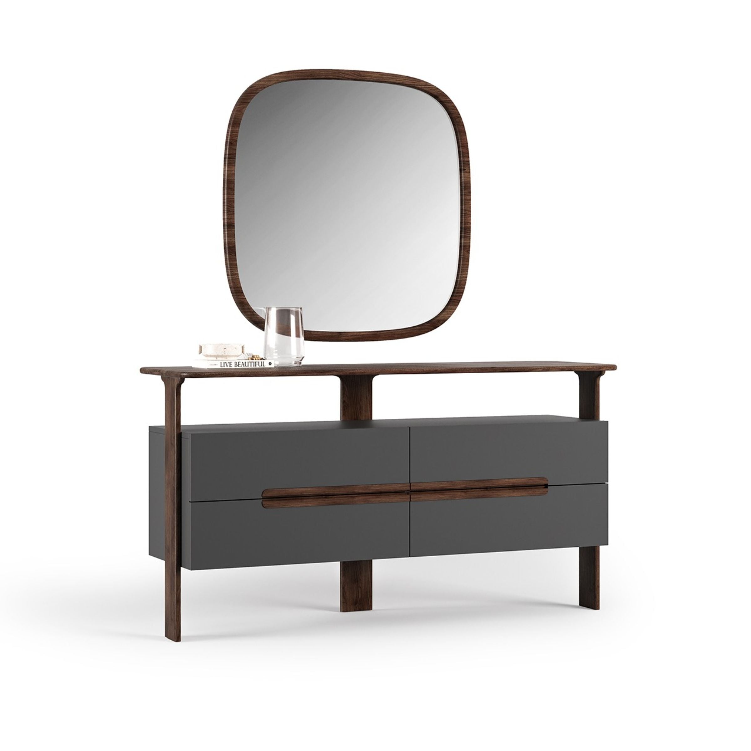 As-is YOL Living Lova dresser with matching mirror, showcasing the modern wooden furniture display item.