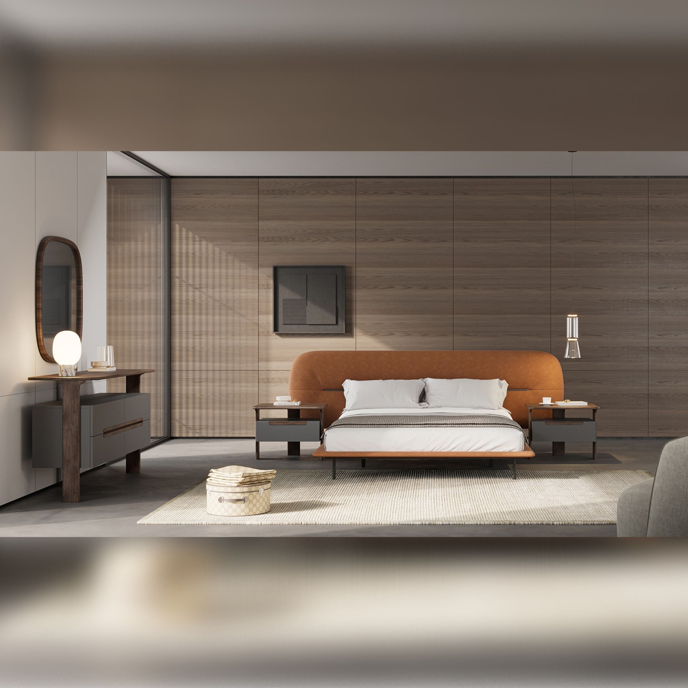 Display of the YOL LIVING Lova Dresser with matching mirror, showcasing a modern wooden furniture set in a showroom setting.