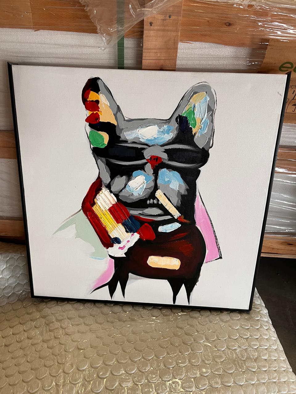 Hand-painted dog art painting in a frame, 65x65 cm, displayed as an art piece by BEACON.