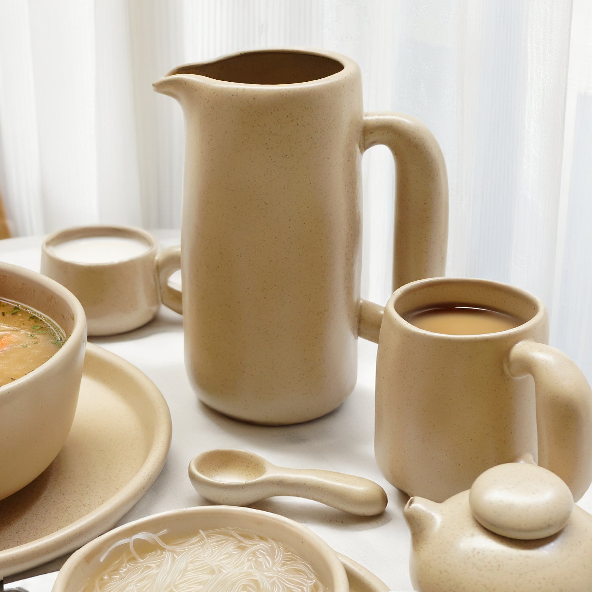 Asian Zen ceramic milk and water jug by BEACON, traditional-style drinkware in neutral tones with intricate design details.