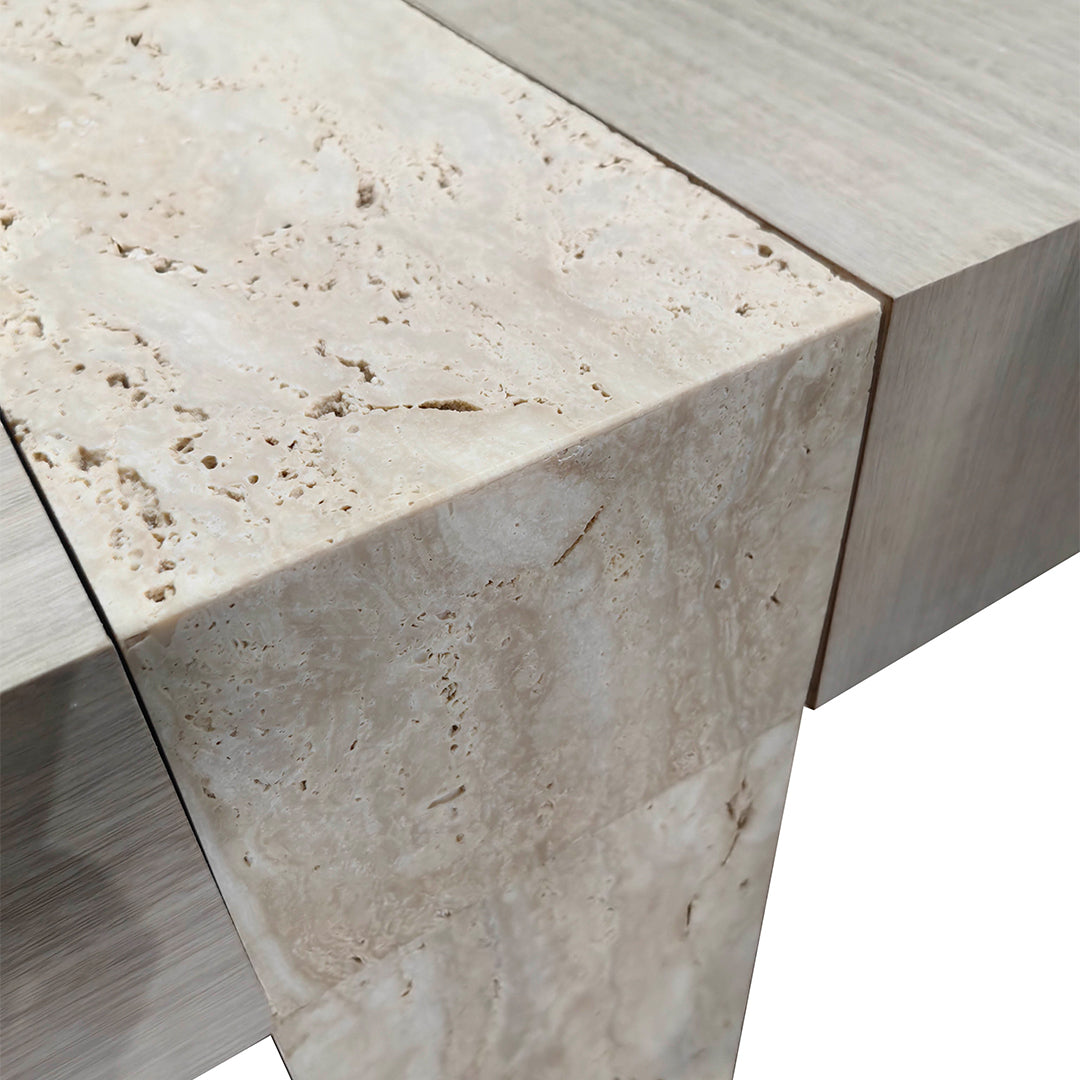 A2STONE Athens console with wooden top and travertine base, modern design, showcasing the elegant console furniture.