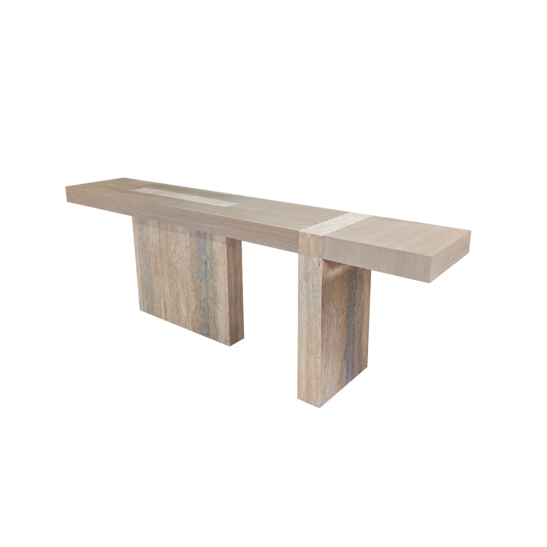 A2STONE Athens console with wooden top and travertine base, modern console table for entryway or living room decor.