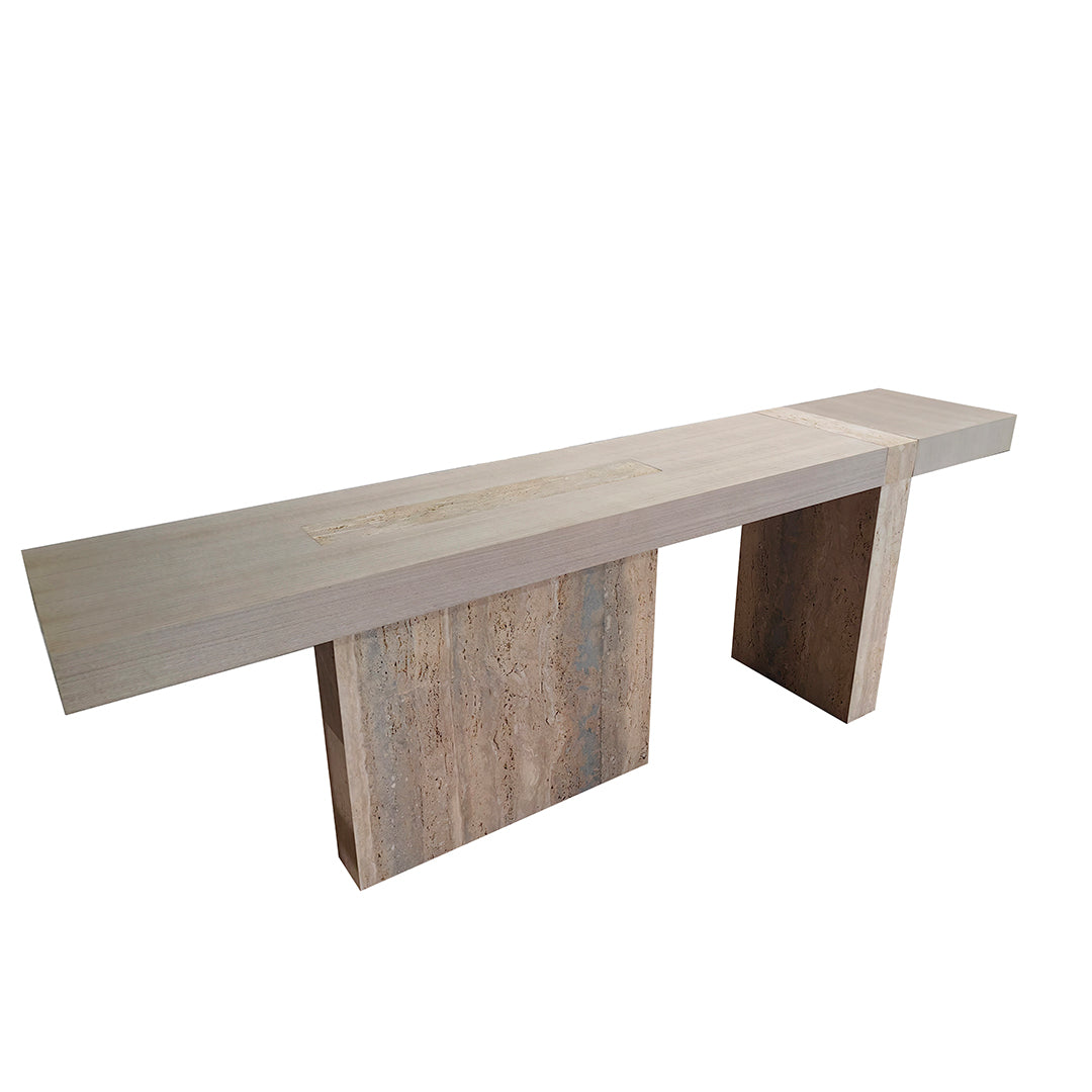 A modern Athens console table with a wooden top and travertine base, showcasing elegant design and natural materials.