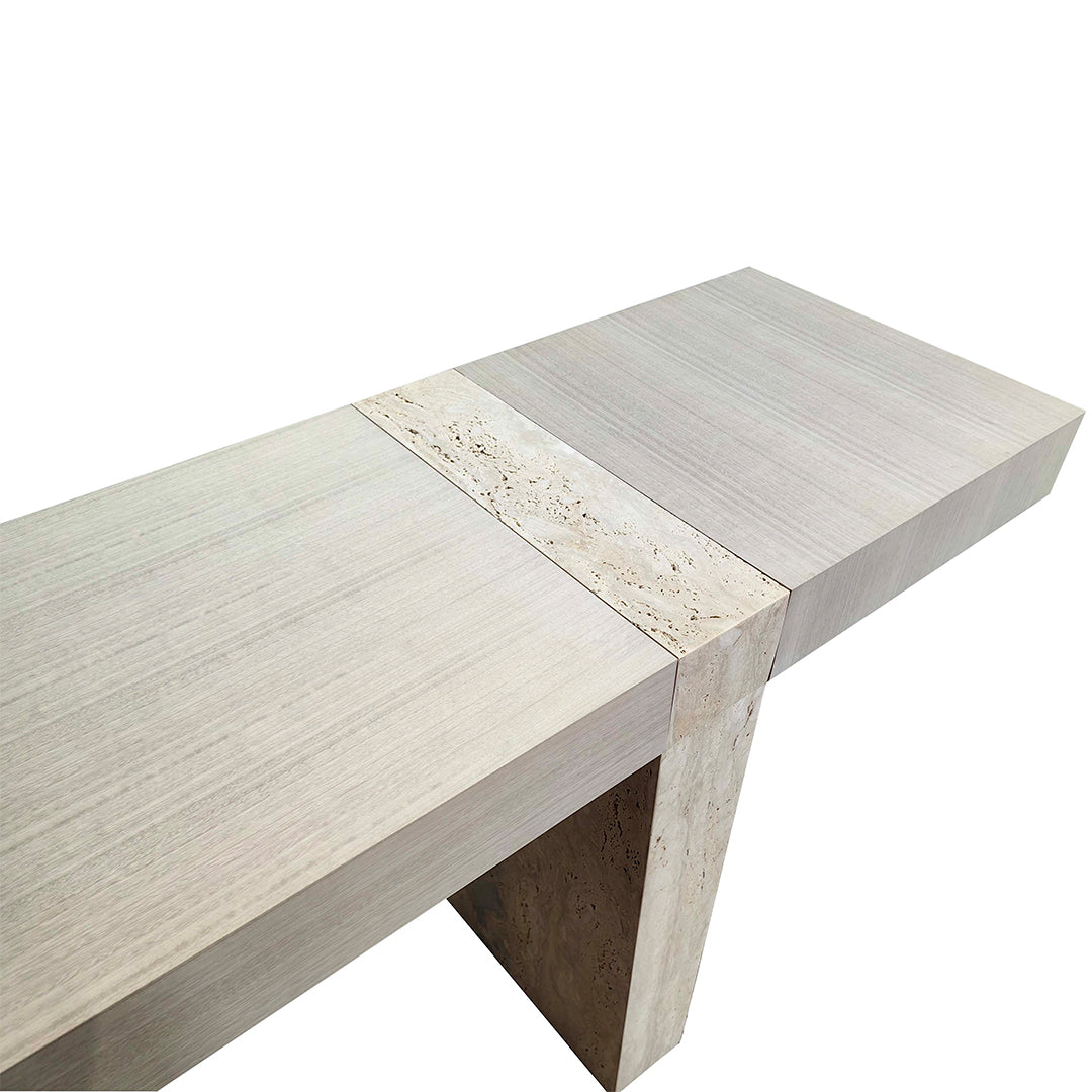 A2STONE Athens console with wooden top and travertine base, modern console table for entryway or living room decor.