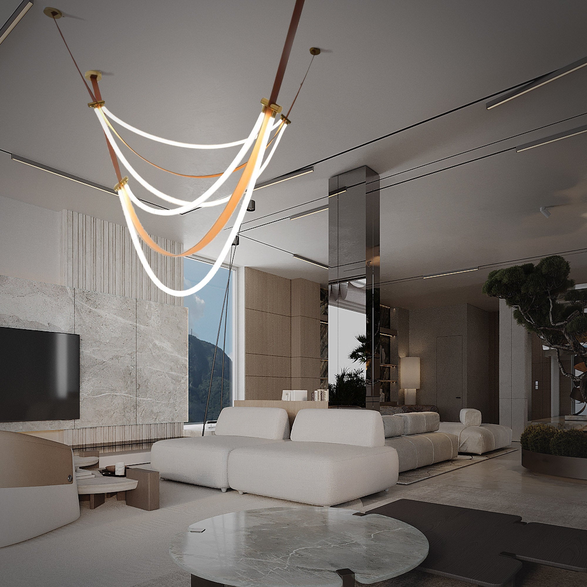 Aurora Borealis orange leather and golden pendant lamp by BEACON, showcasing its stylish design and warm glow.