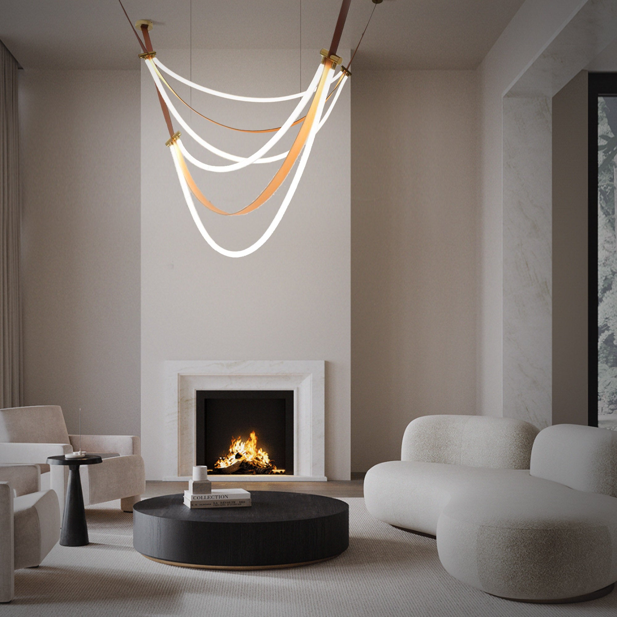 Aurora Borealis orange leather and golden pendant lamp by BEACON, featuring a stylish design and 4-meter length.