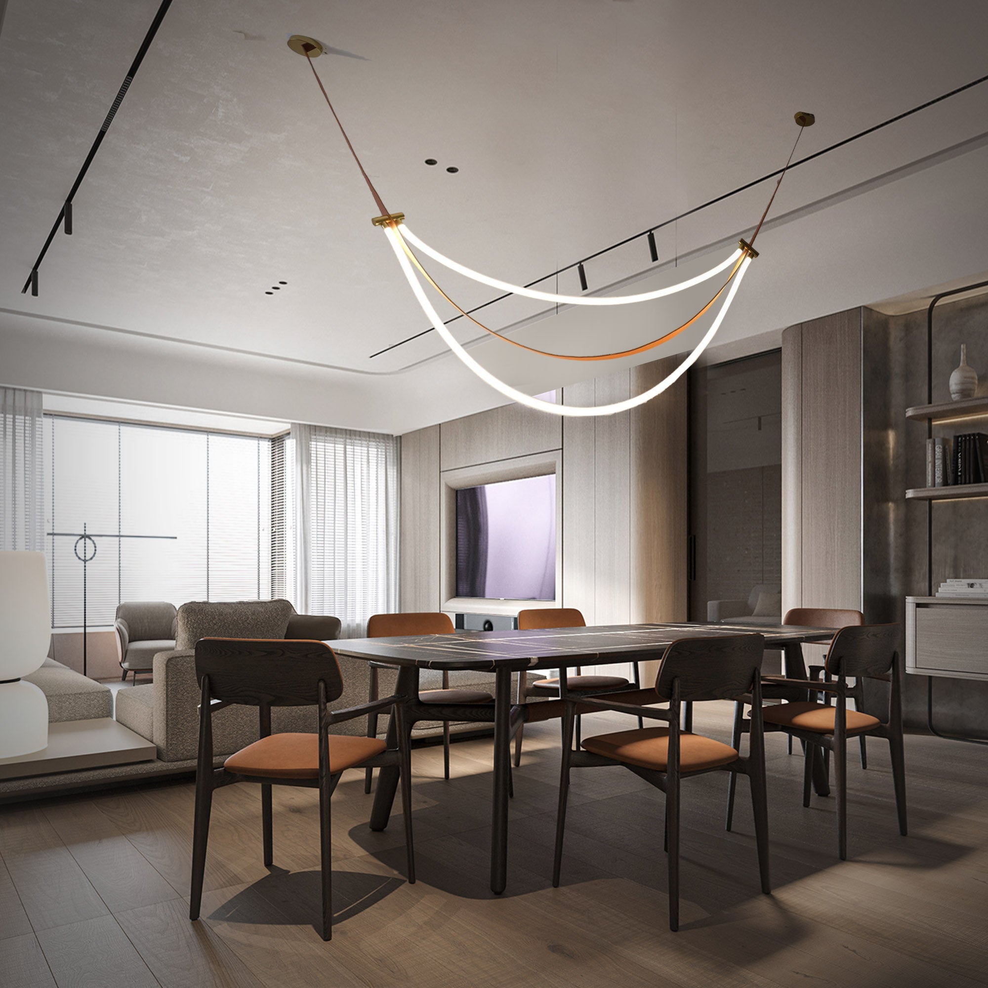 Aurora Borealis orange leather and golden pendant lamp by BEACON, hanging with a stylish, modern design for contemporary interiors.