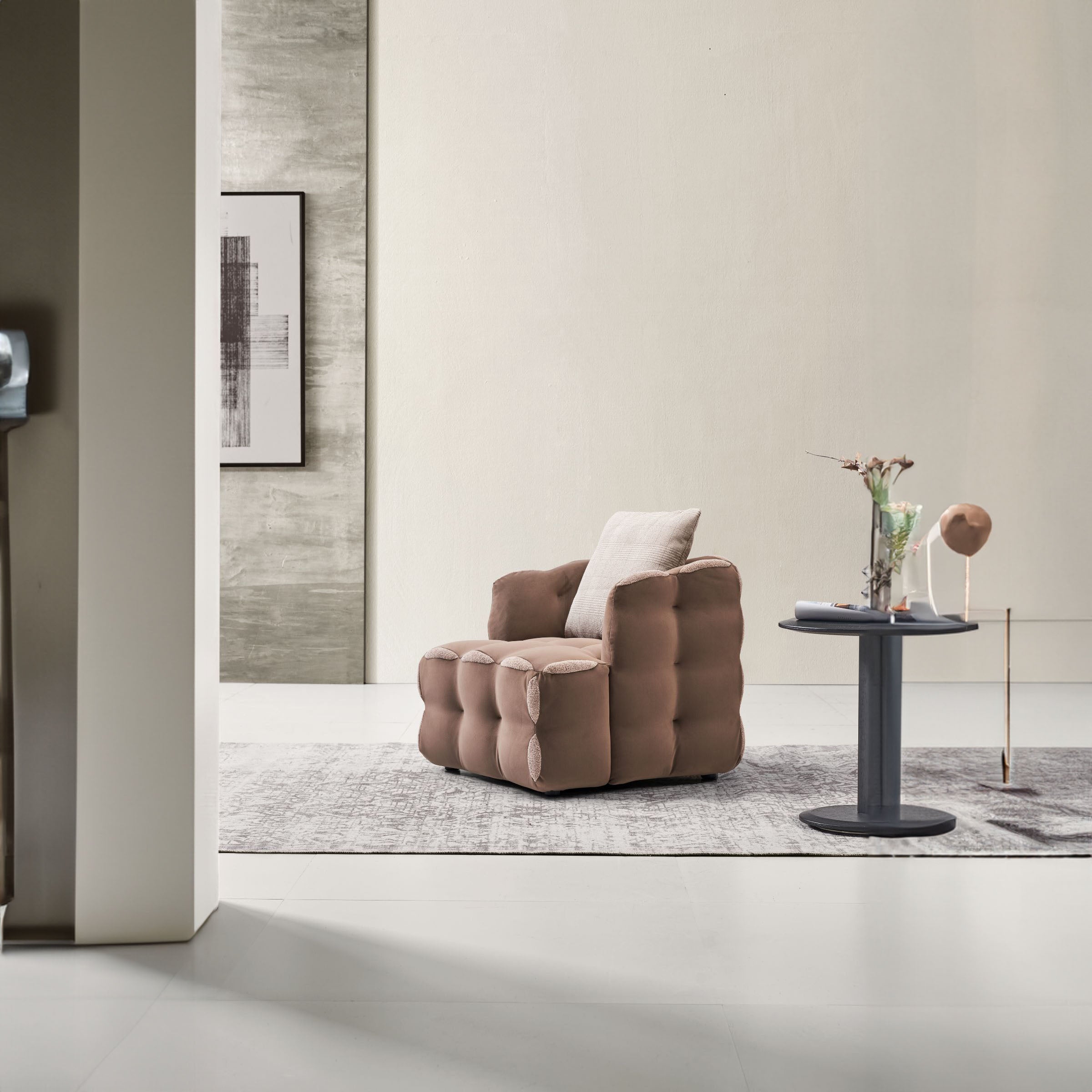 BEACON Aurora Steel Frame Armchair LC068 with cushioned seat and backrest, modern design, in a stylish living room setting.