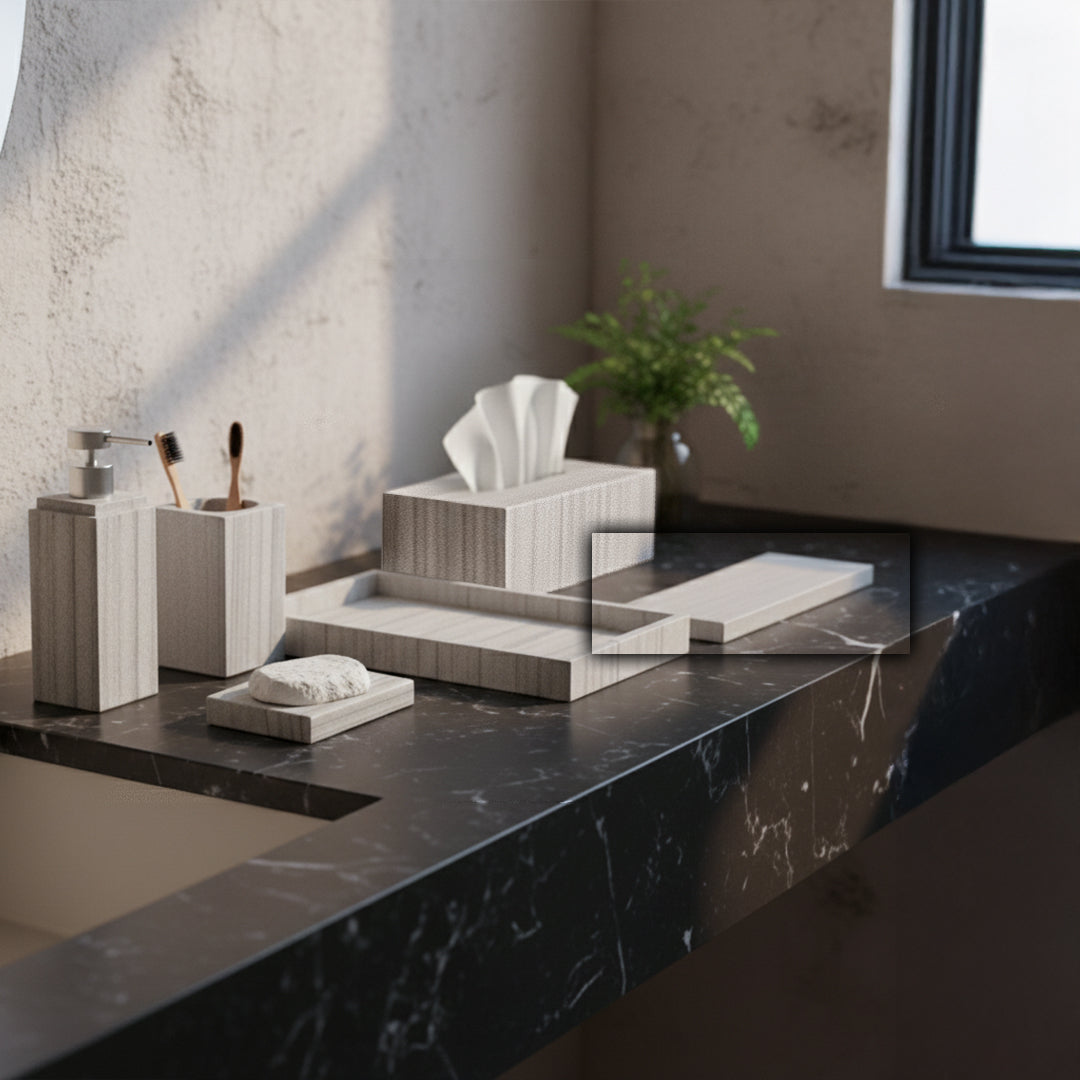 Australian Gray Marble Towel Tray by BEACON, elegant rectangular tray with natural gray marble pattern for bathroom use.