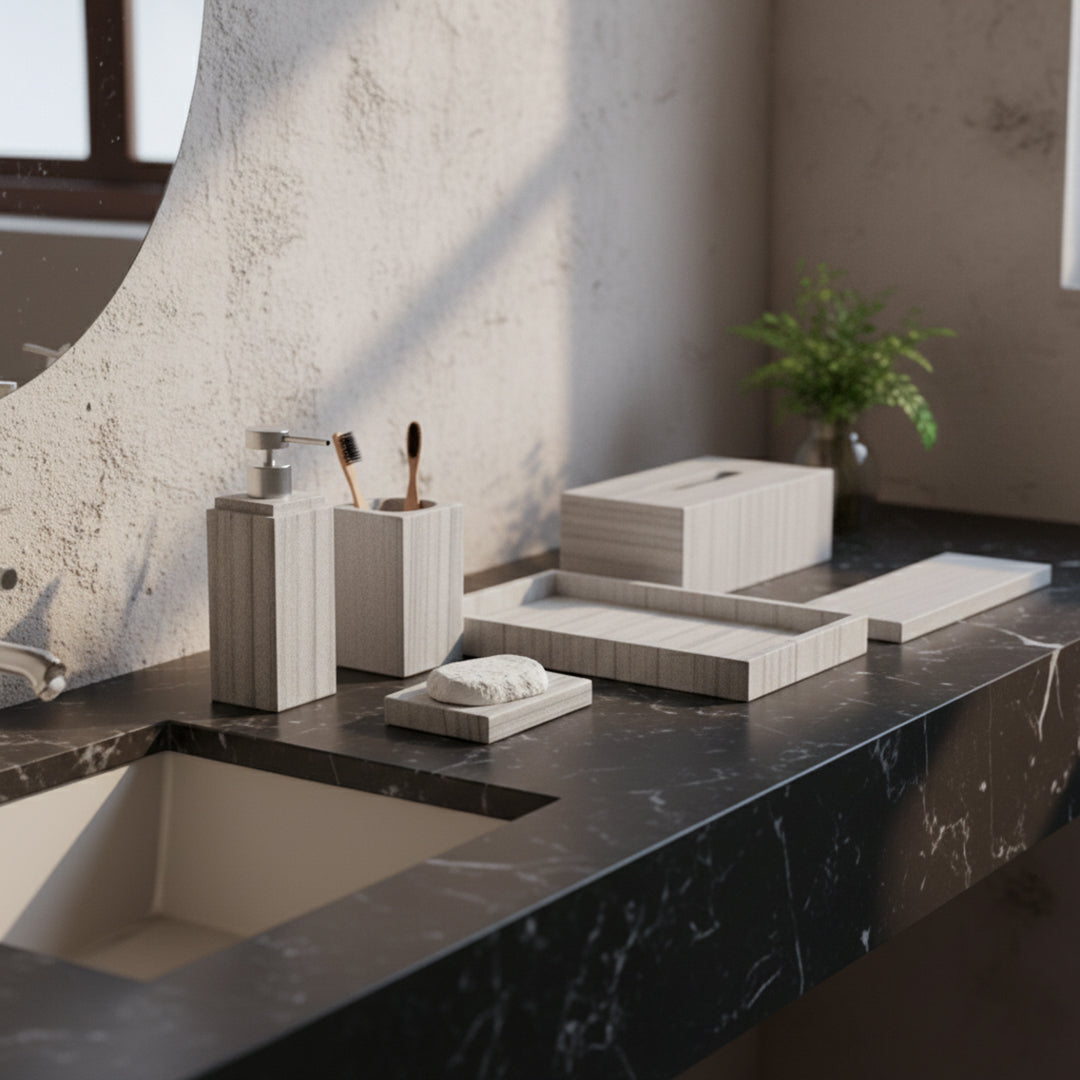 Australian Gray Marble Towel Tray by BEACON, showcasing a sleek, rectangular marble tray designed for bathroom towels.