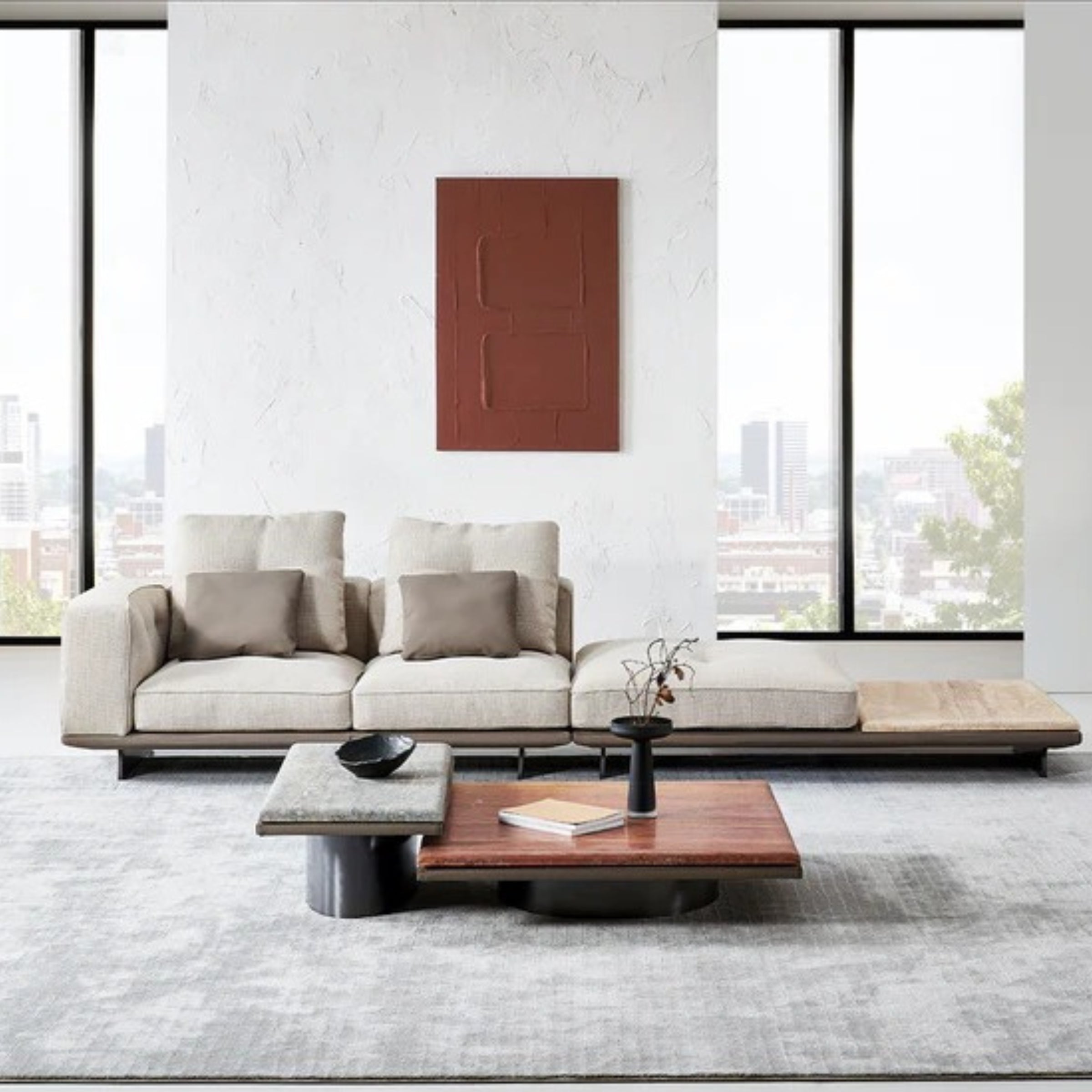 Aveneor 3-seater sofa with attached side table, modern design, beige upholstery, and a flip feature for versatile living room seating.