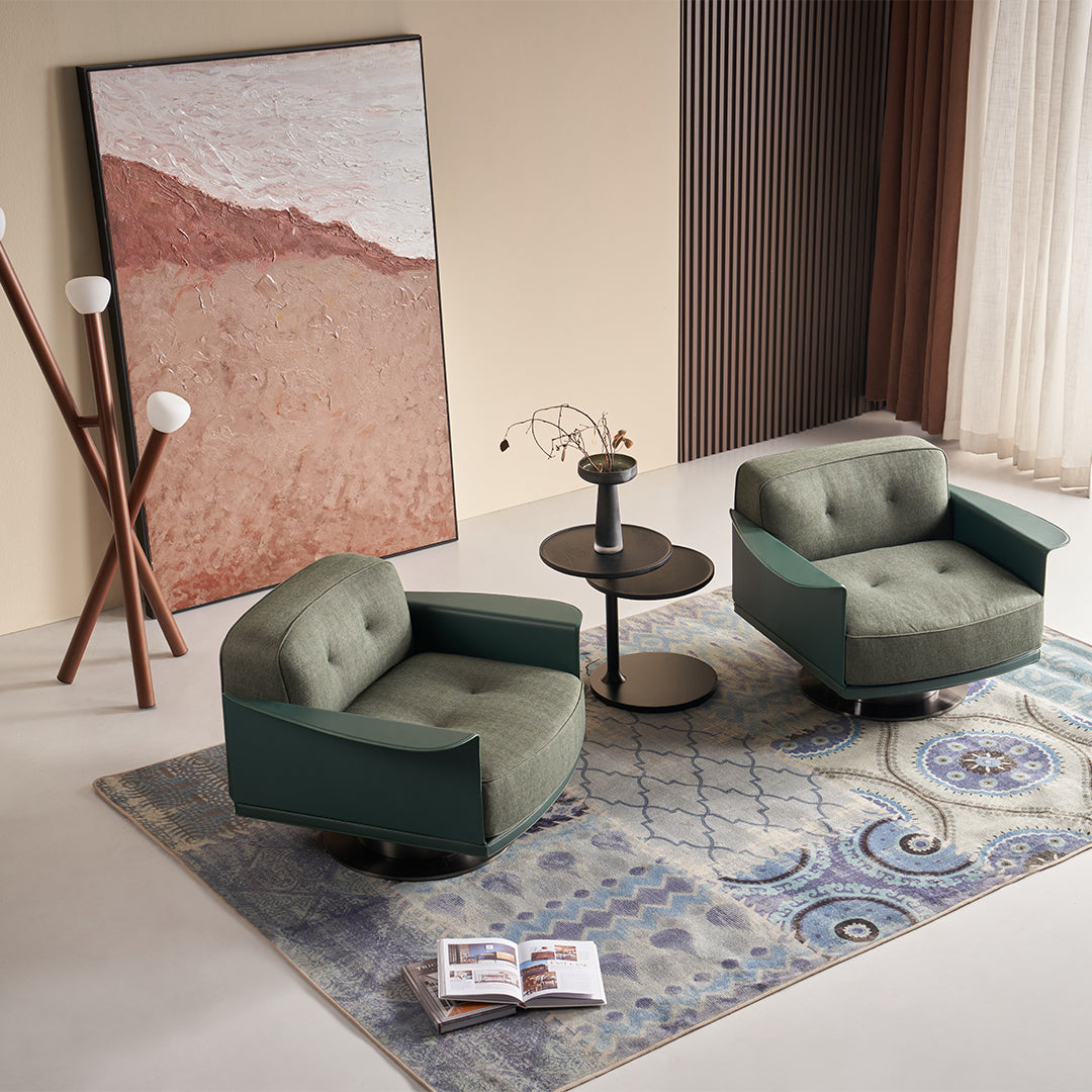 Green Avenor armchair from BEACON with plush fabric and modern design, perfect for living rooms or cozy seating areas.