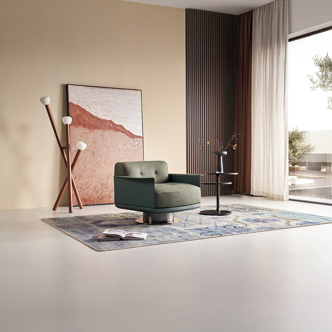 Green BEACON Avenor armchair with plush fabric and modern design, featuring a comfortable cushioned seat and sturdy wooden legs.