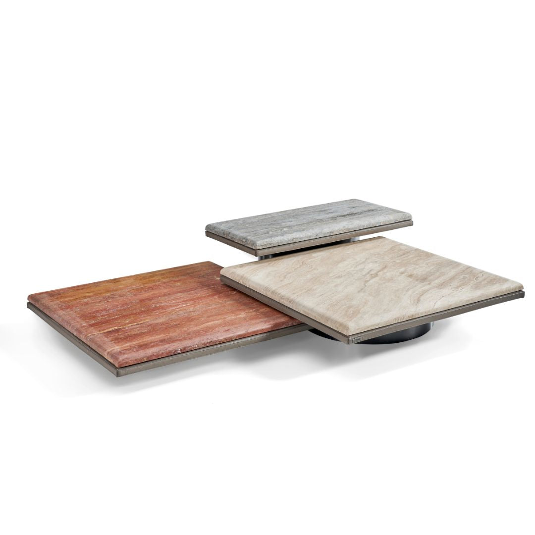 Avenor brown travertine side table from BEACON, featuring a sleek C-shape design perfect as a coffee table accent.