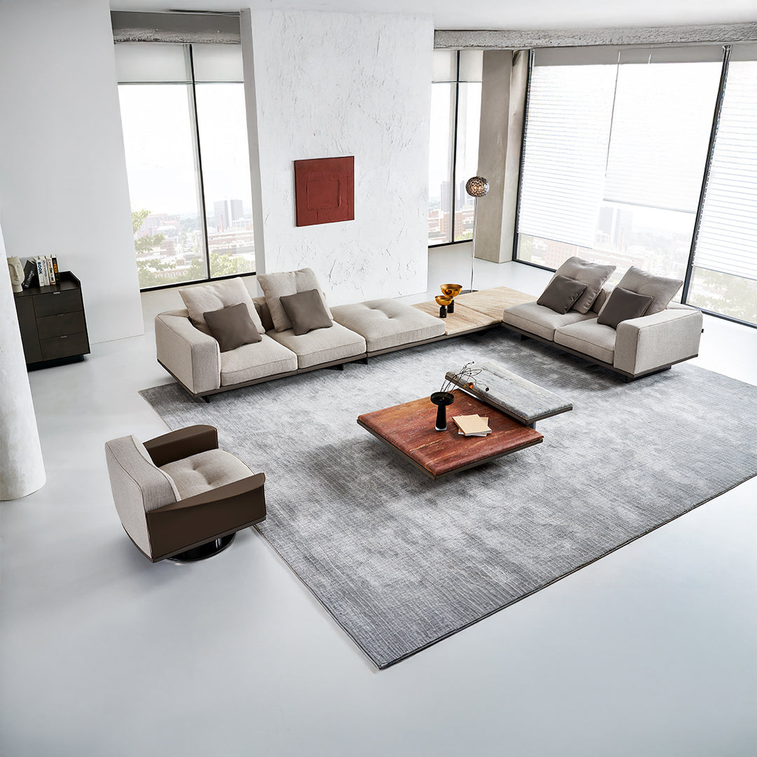 Brown travertine side table by BEACON, featuring a sleek C-shape design, perfect for living room or coffee table decor.
