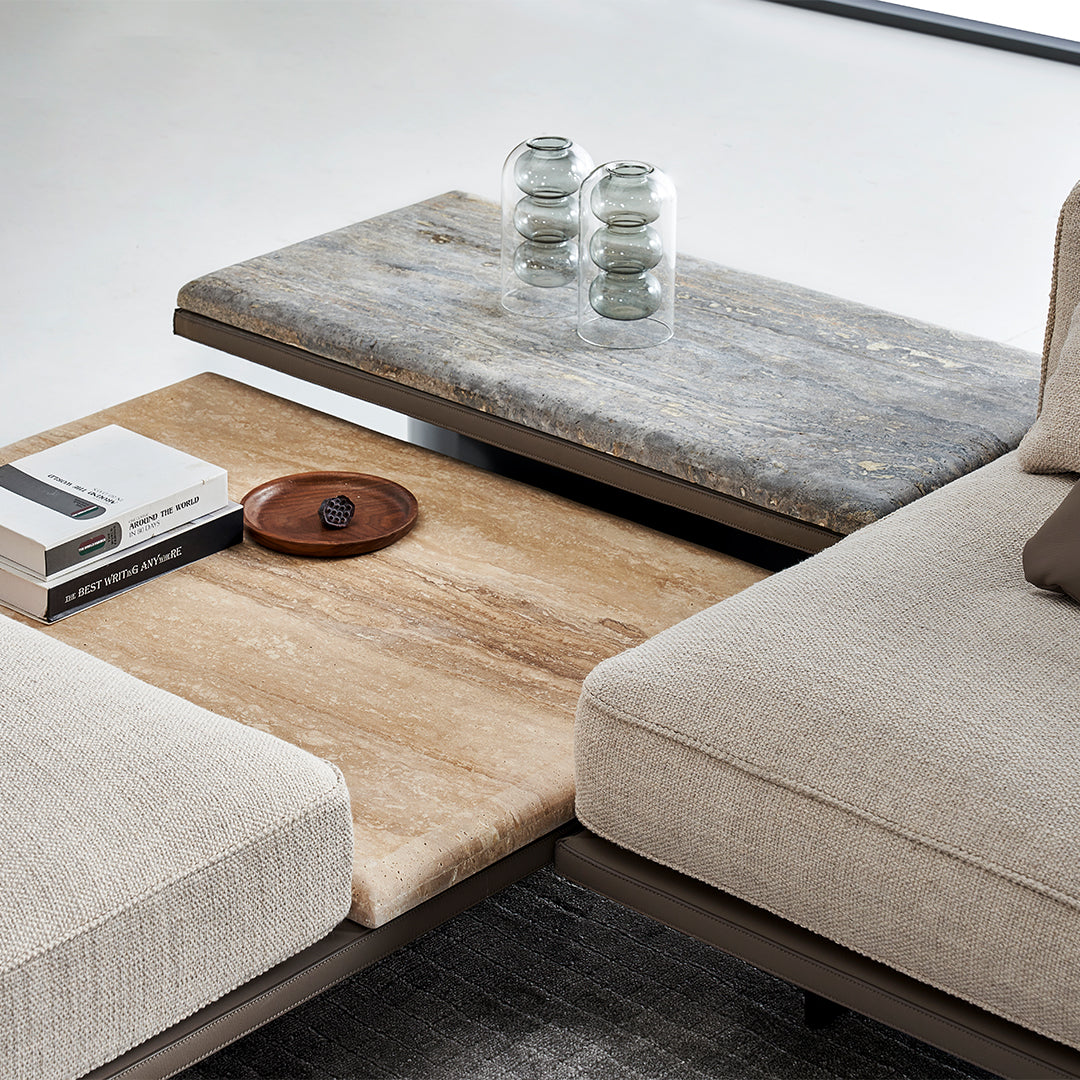 Avenor modular pouf with integrated side table from BEACON, modern furniture piece in neutral tones, versatile and stylish.