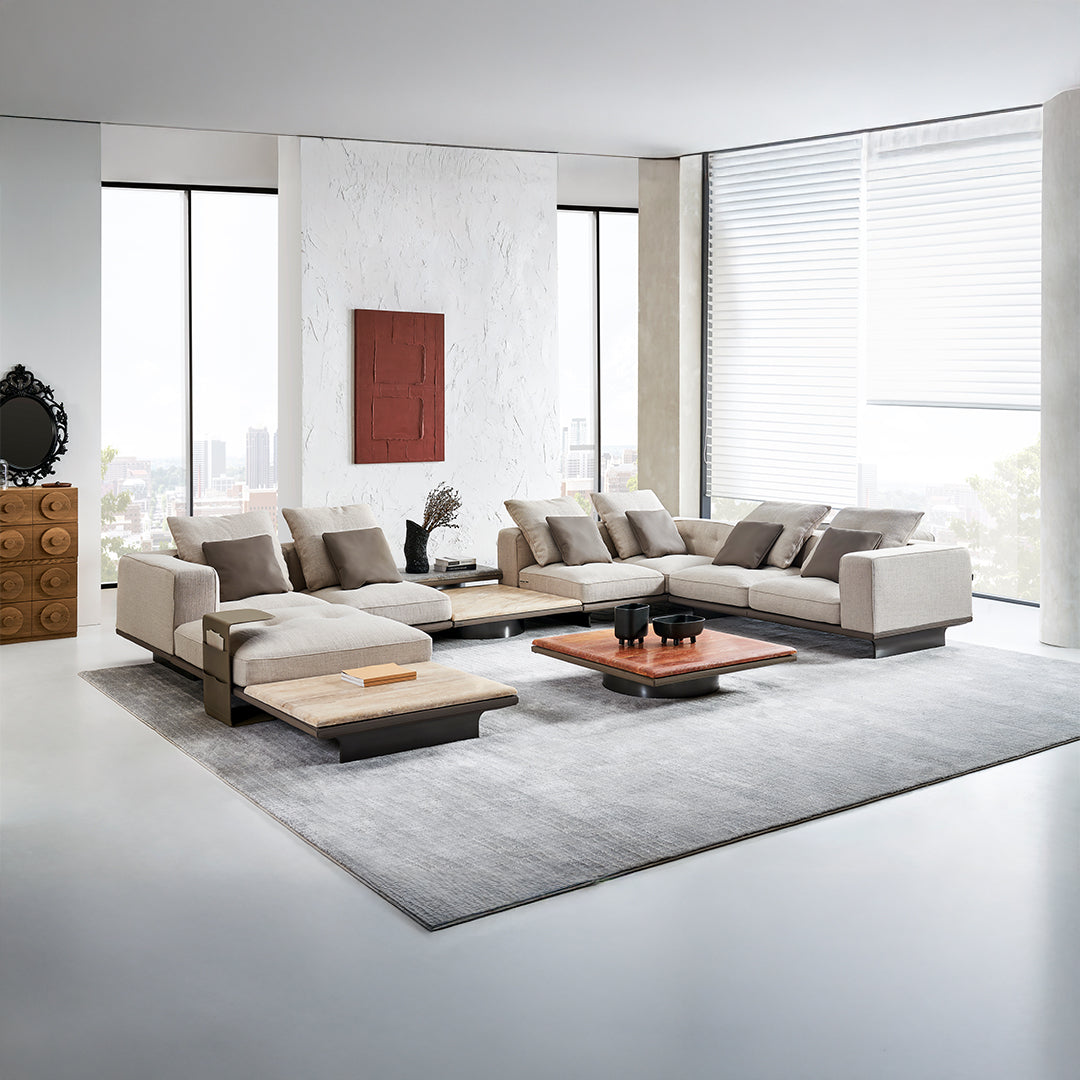 Avenor modular pouf with side table by BEACON, featuring a modern fabric pouf and small side table for versatile living room use.