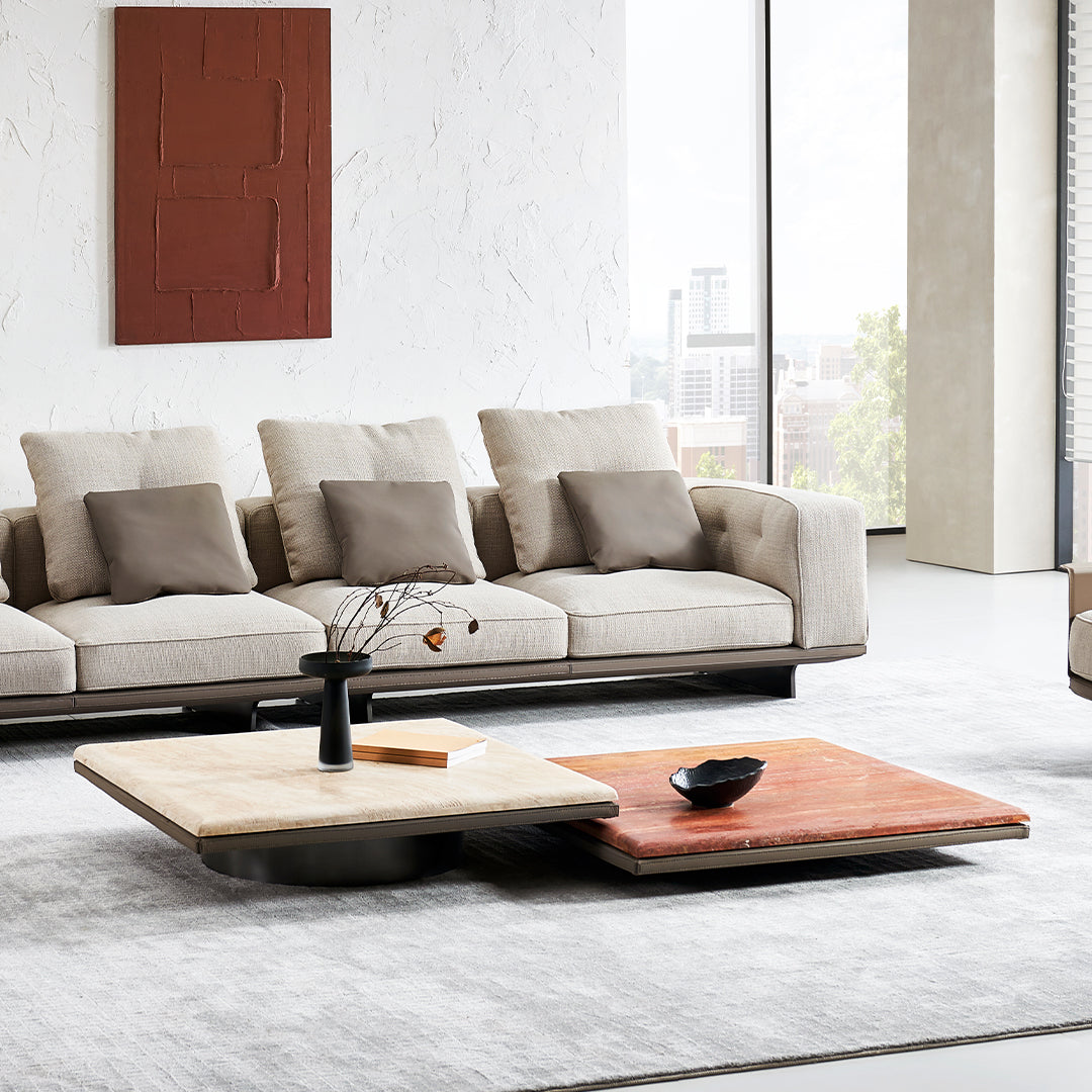 Avenor red travertine coffee table by BEACON, featuring a sleek rectangular design and vibrant red stone surface.
