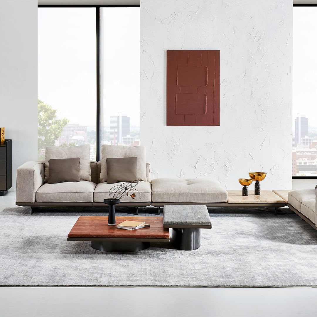 Avenor red travertine coffee table by BEACON featuring a sleek, modern design with a rectangular shape and polished red stone surface.