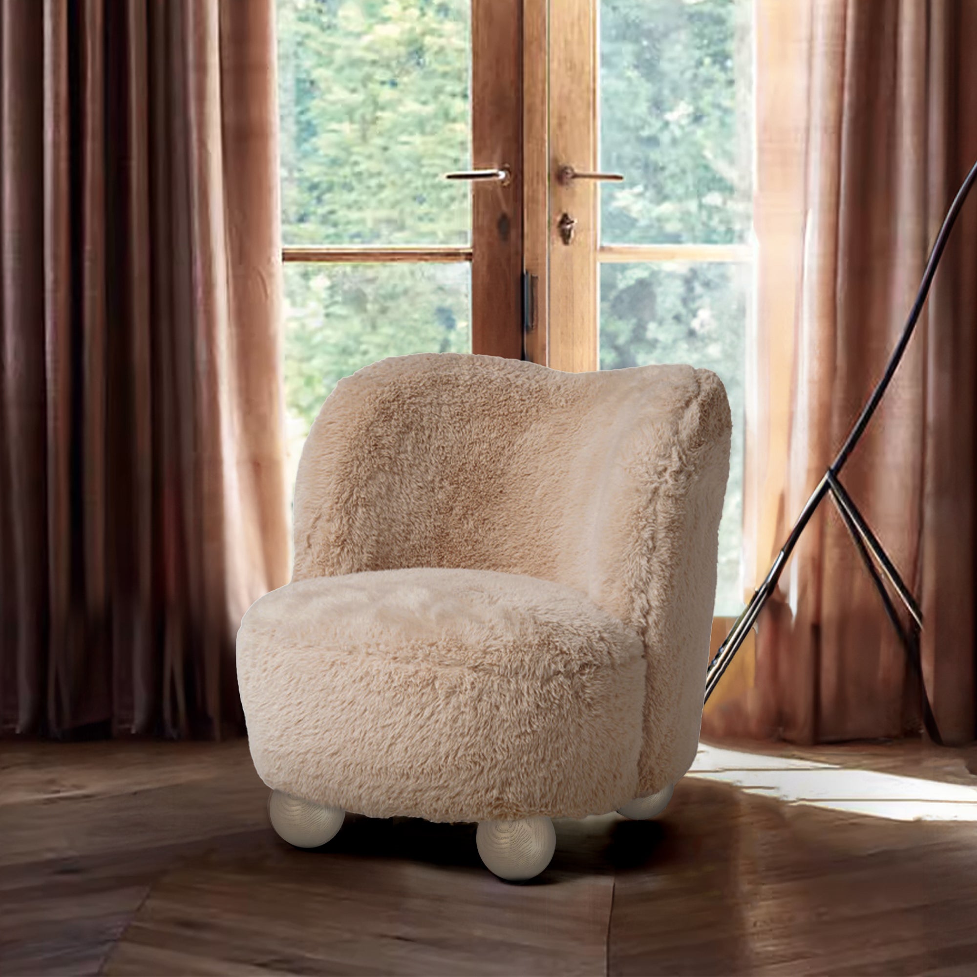 Ivory SAGEBROOK HOME Ball Foot Accent Chair with rounded armrests and wooden ball feet, stylish display item.