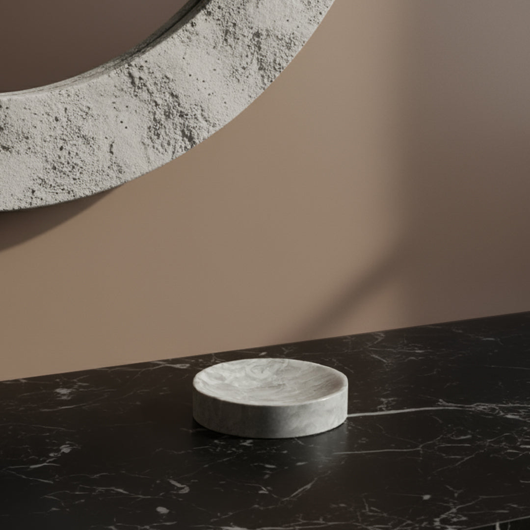 Marble circular soap dish with Bawang flower design, bathroom accessory by BEACON, perfect for holding soap in bathroom decor.