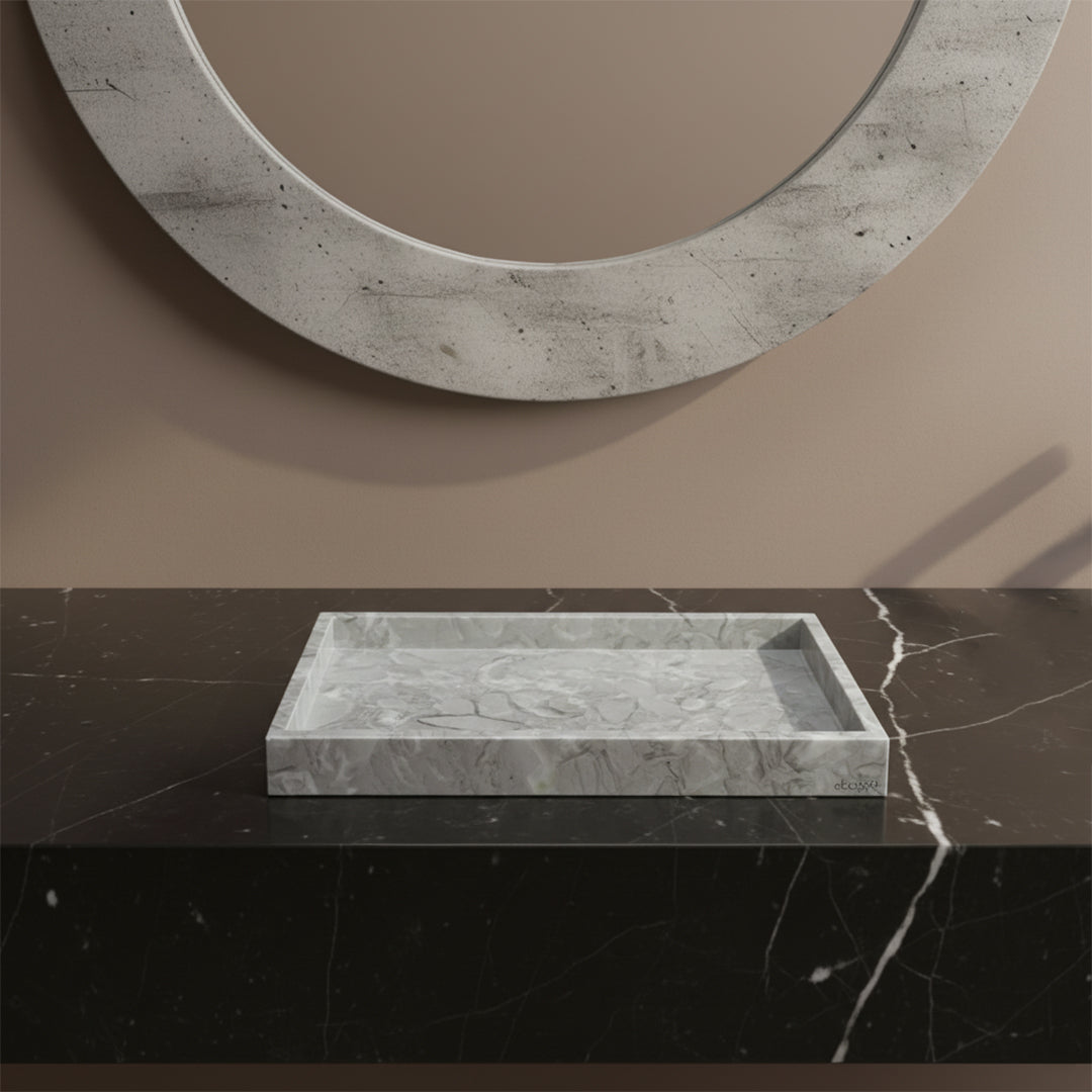 BEACON Bawang Flower Marble Rectangular Large Tray, stylish kitchen tray with floral marble design, perfect for serving or display.