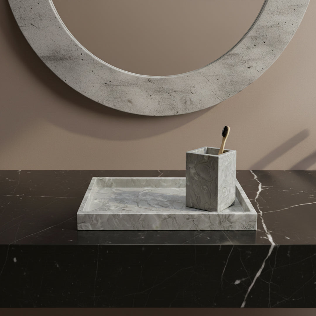 Large rectangular marble tray with Bawang Flower design by BEACON, ideal for serving or display.