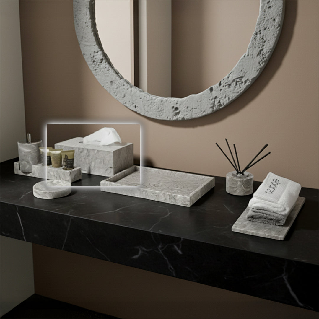 Bawang Flower Marble rectangular tissue box by BEACON with PVC magnetic suction base, decorative floral marble design.