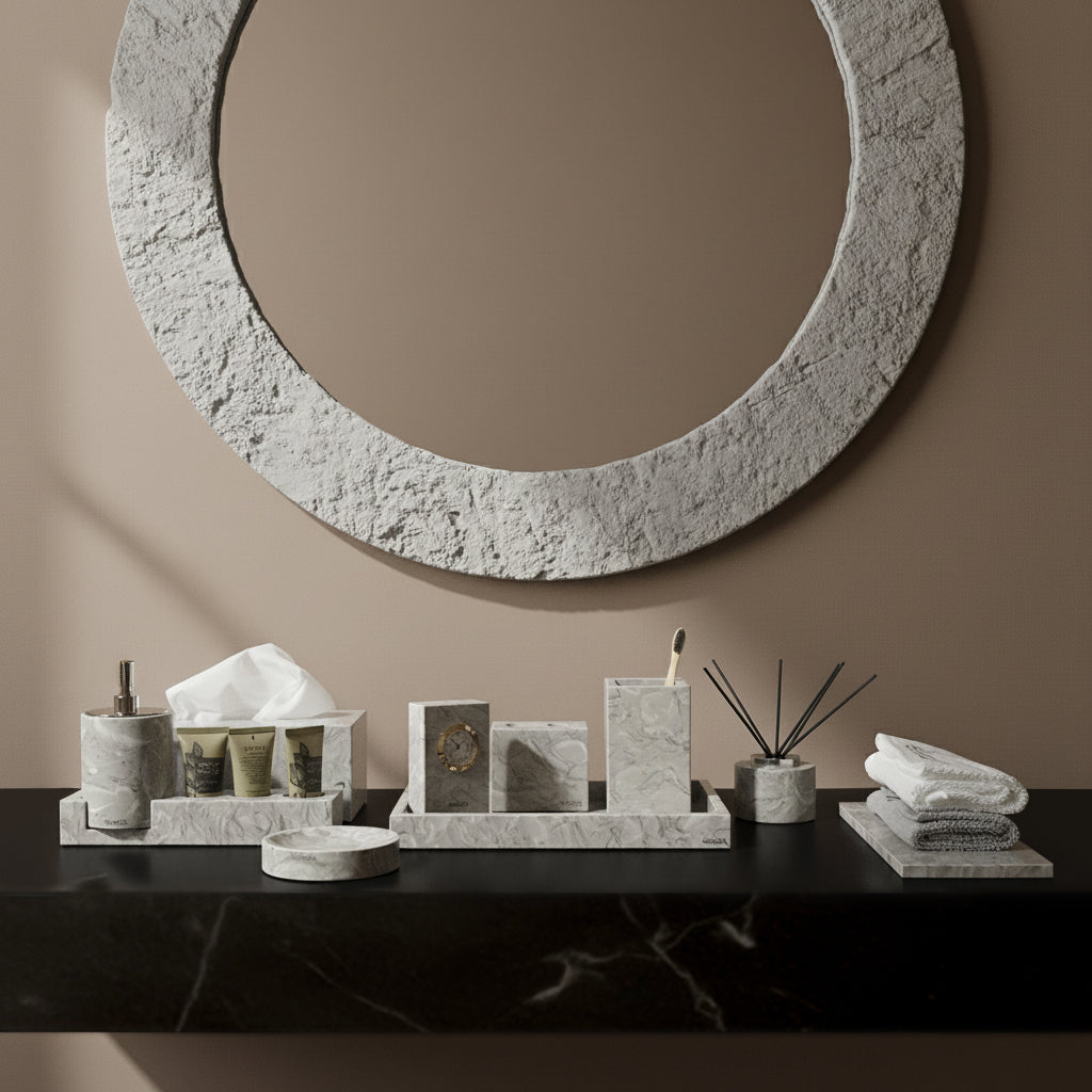 Bawang Flower marble small table clock by BEACON, featuring a decorative floral design and compact round shape for home decor.
