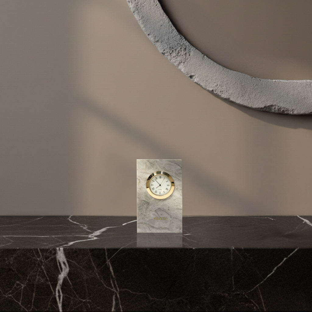 BEACON Bawang Flower Marble Small Table Clock TCA892 with floral design and round face, perfect for desk or tabletop decor.