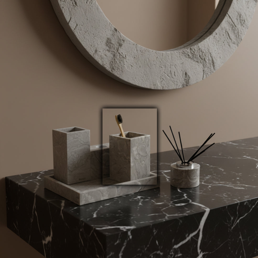 Bawang Flower Marble Square Storage Cup by BEACON, a stylish bathroom accessory with a white marble finish and square design.