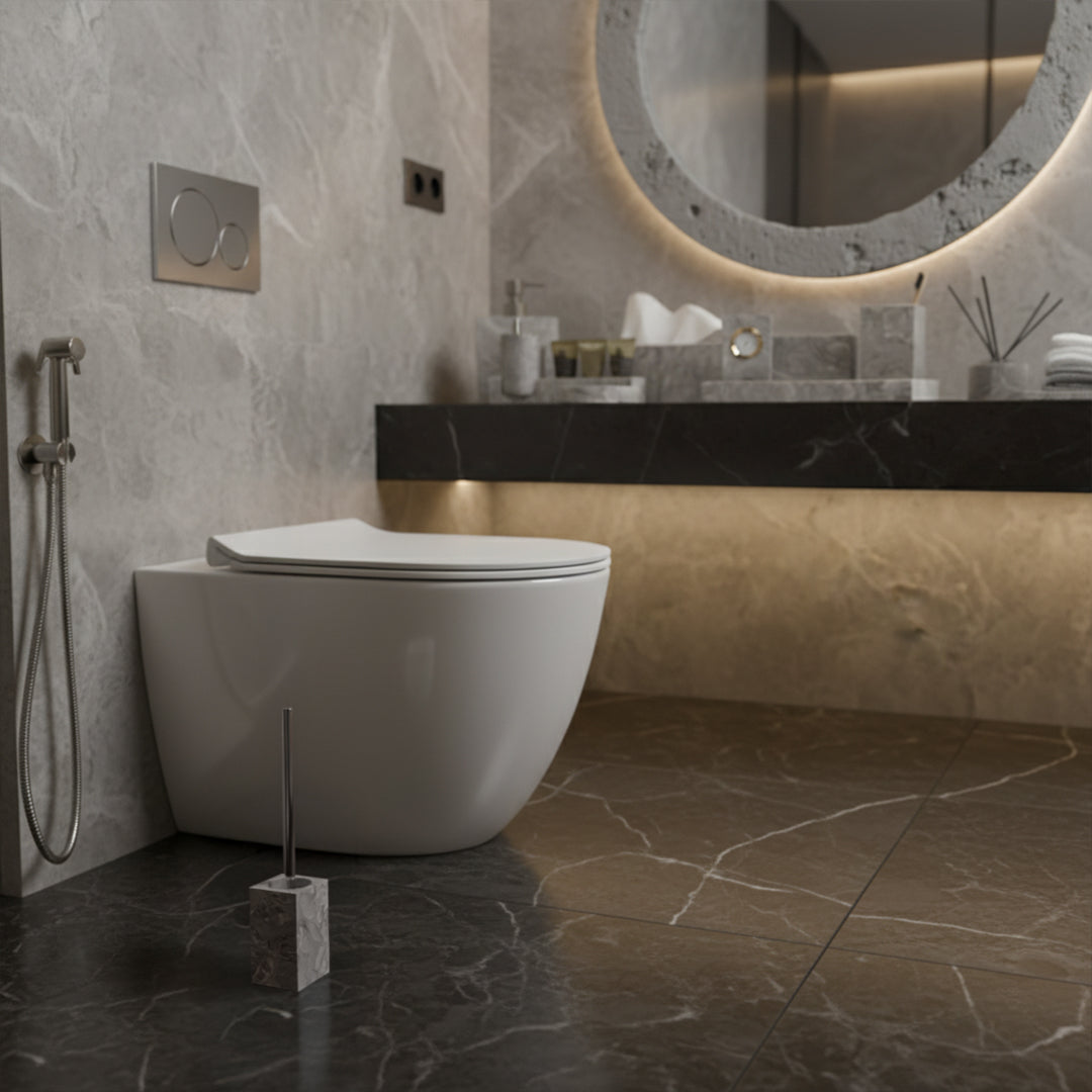 BEACON Bawang Flower Marble Square Toilet Brush in bathroom accessories set with marble design and square base.