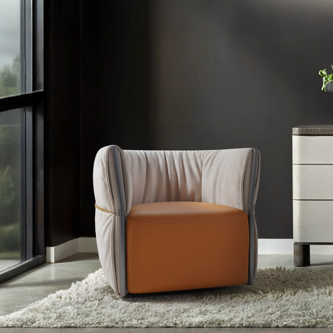 Beige Baxter armchair by BEACON featuring plush fabric and modern design, shown from a side angle.