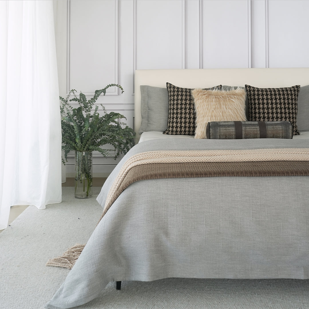 BEACON bedding set EBB043 with coordinating duvet cover, pillowcases, and sheets in soft, neutral fabric, elegant home decor.