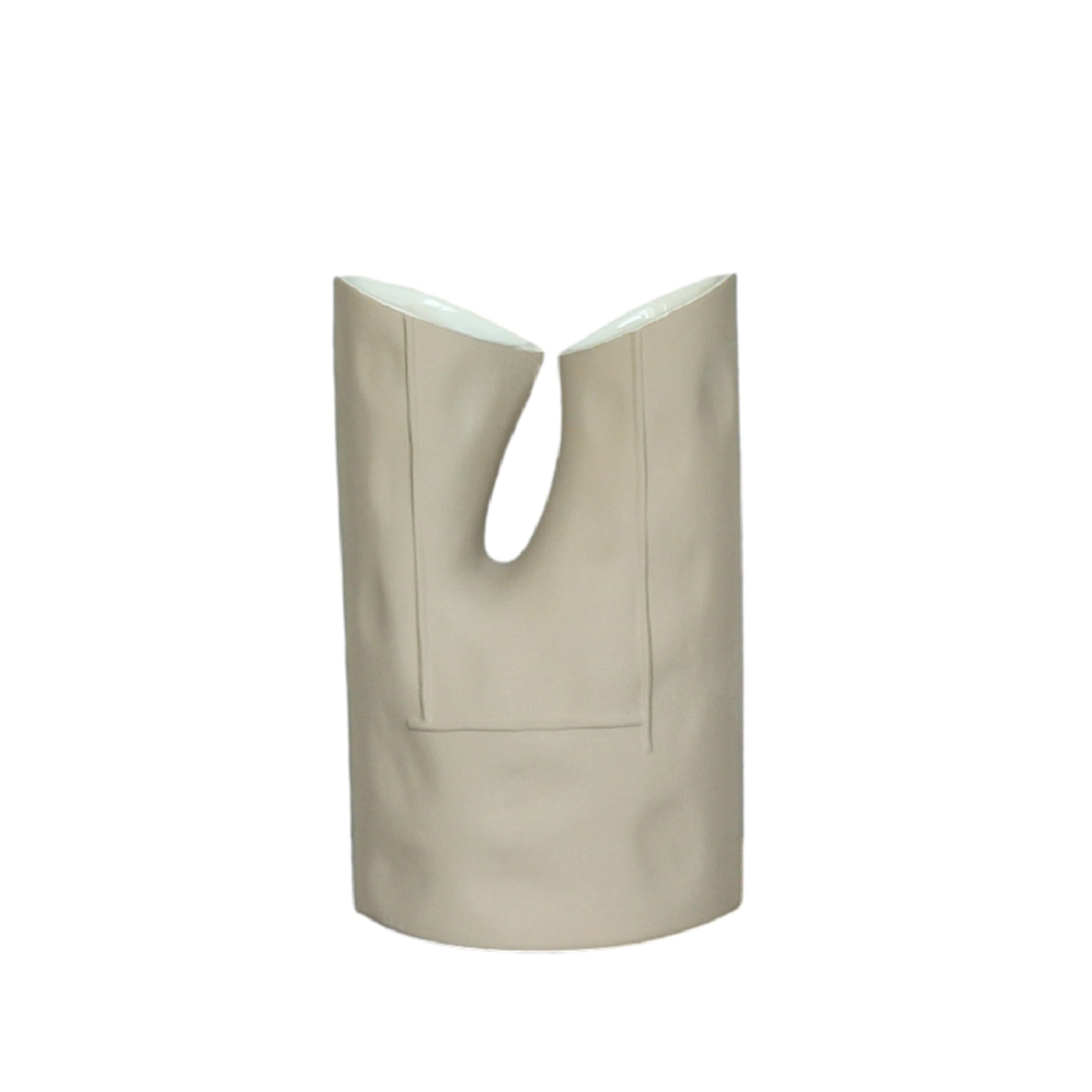Beige and white ceramic vase with unique loop handles, stylish design perfect for home decor.