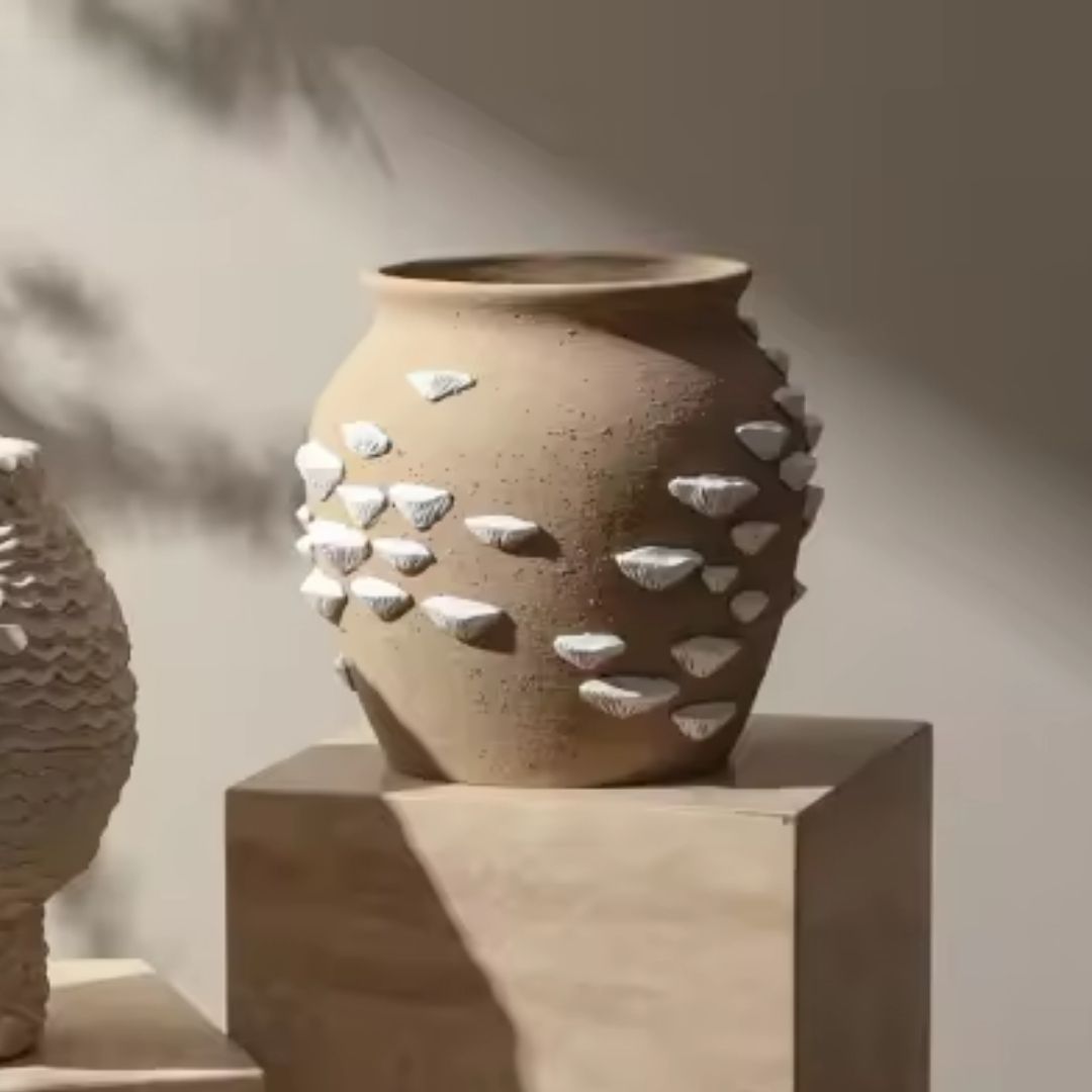 Beige and white cement vase with shell detail, decorative vase by BEACON, perfect for home decor or floral arrangements.