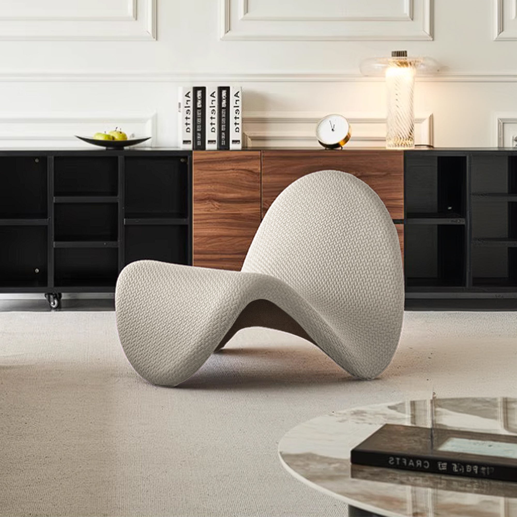 Beige Worm Lounge Chair by BEACON, modern beige lounge chair with curved design and plush upholstery for comfortable seating.