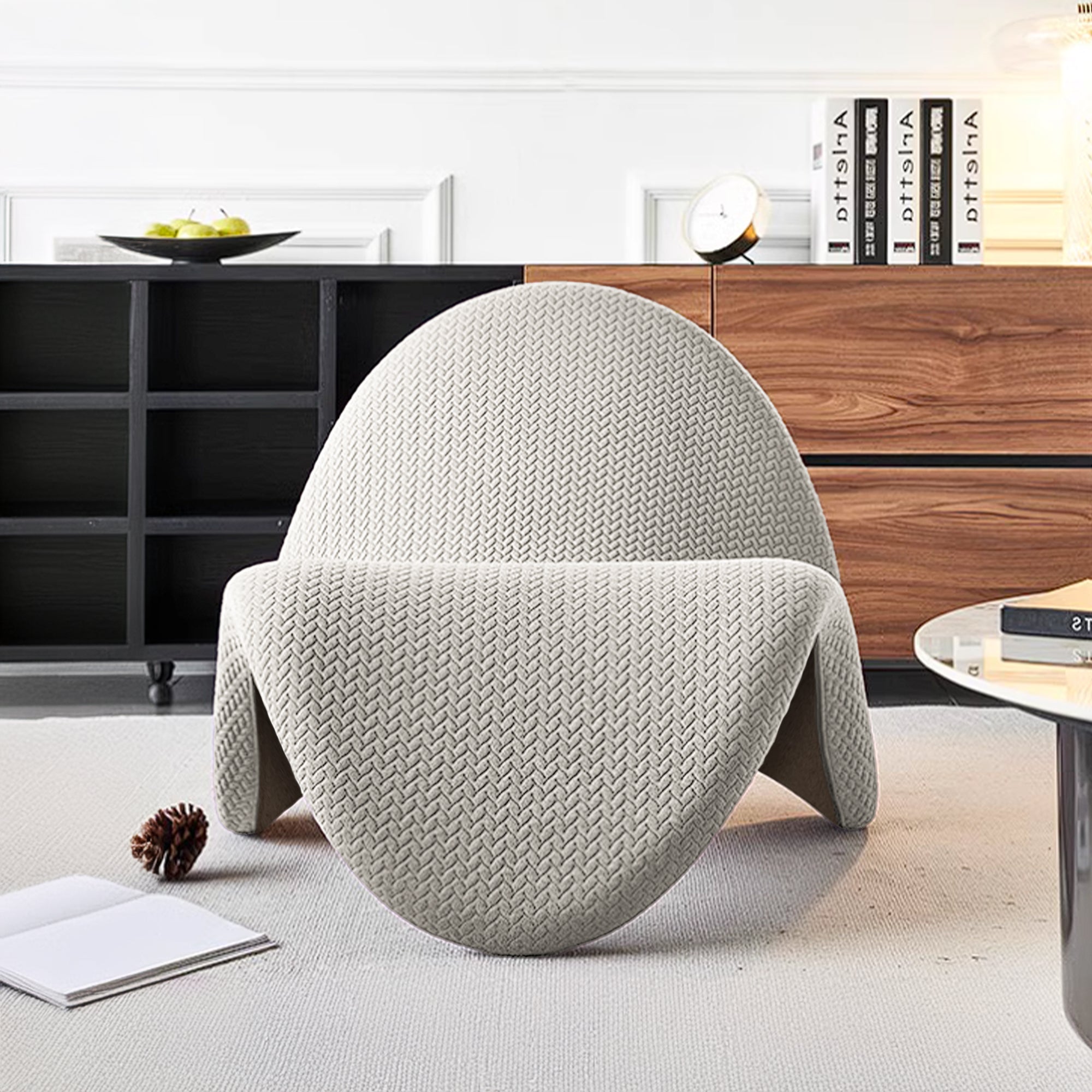 Beige BEACON Worm Lounge Chair MLL-A42 with curved ergonomic design, upholstered in soft beige fabric, ideal for modern living spaces.