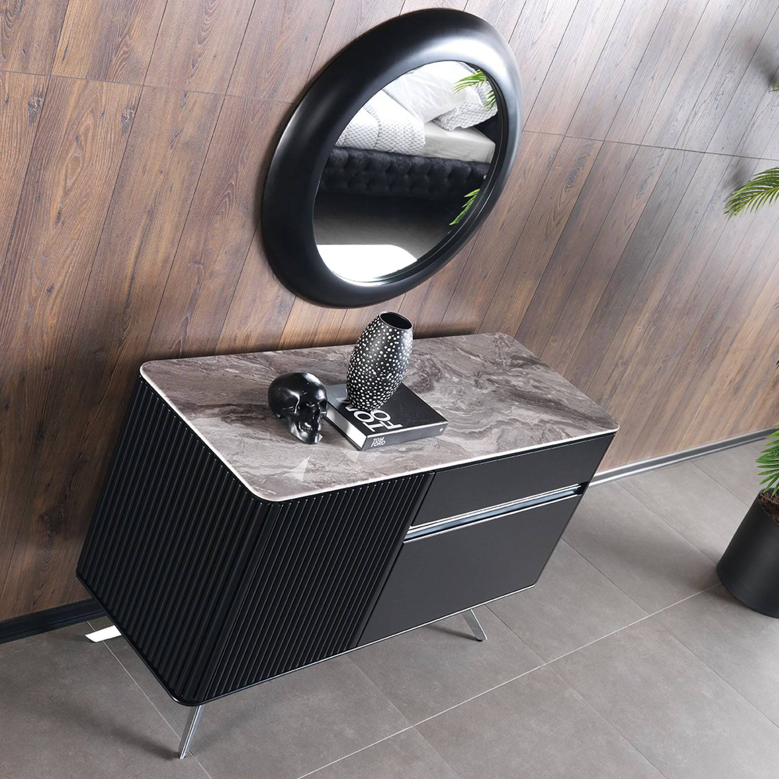 YOL LIVING Beretta dresser with matching mirror, wood finish, modern design, and spacious drawers for bedroom storage.