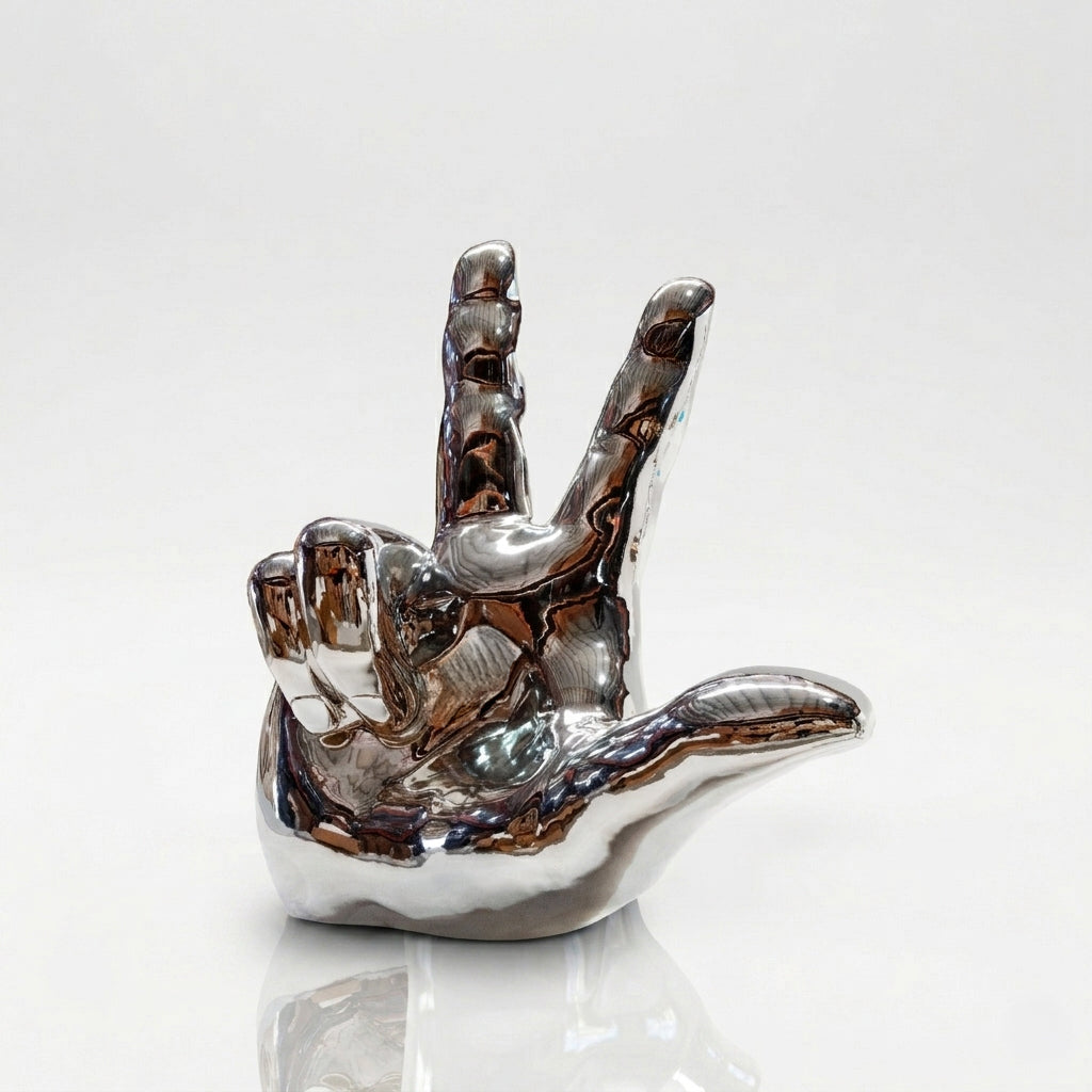 Fiberglass sculpture of The Three-Finger Hand Sign showing Win, Victory, and Love gestures, 130cm tall, custom-made artwork by BEACON.