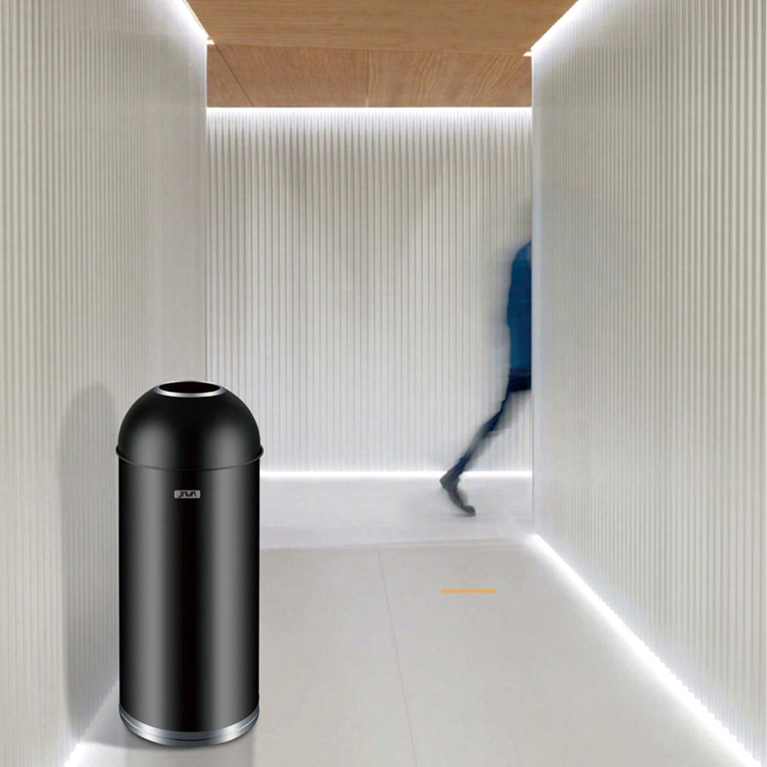 Black BEACON trash bin for lobbies, model JH-8876-BLK, with a sleek, durable design suitable for commercial lobby spaces.