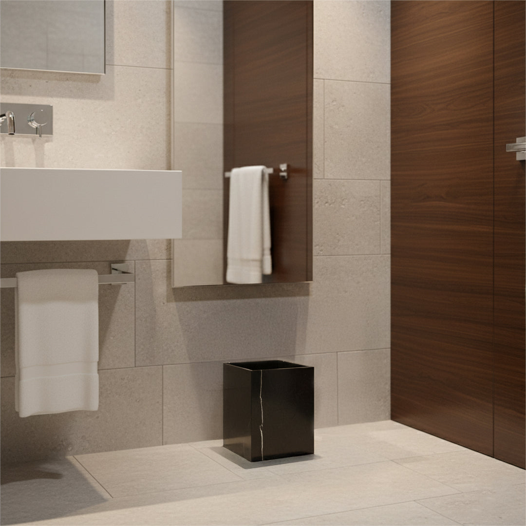 Black and white marble bathroom garbage bin or planter box with elegant design, ideal for modern bathroom accessories.